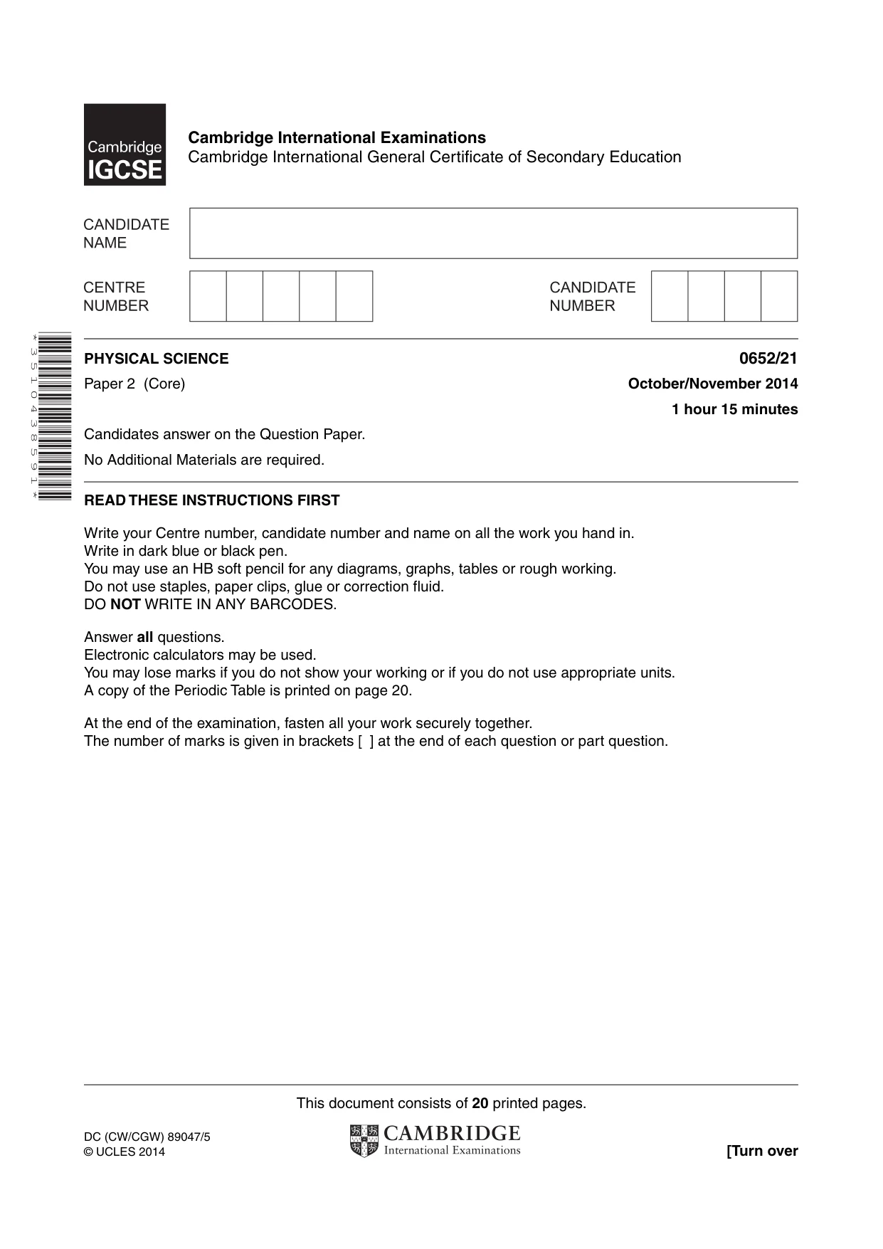 Cambridge IGCSE Physical Science 0652 2014 Oct/Nov Paper 2 · Variant 1 question paper, page 1 of 20