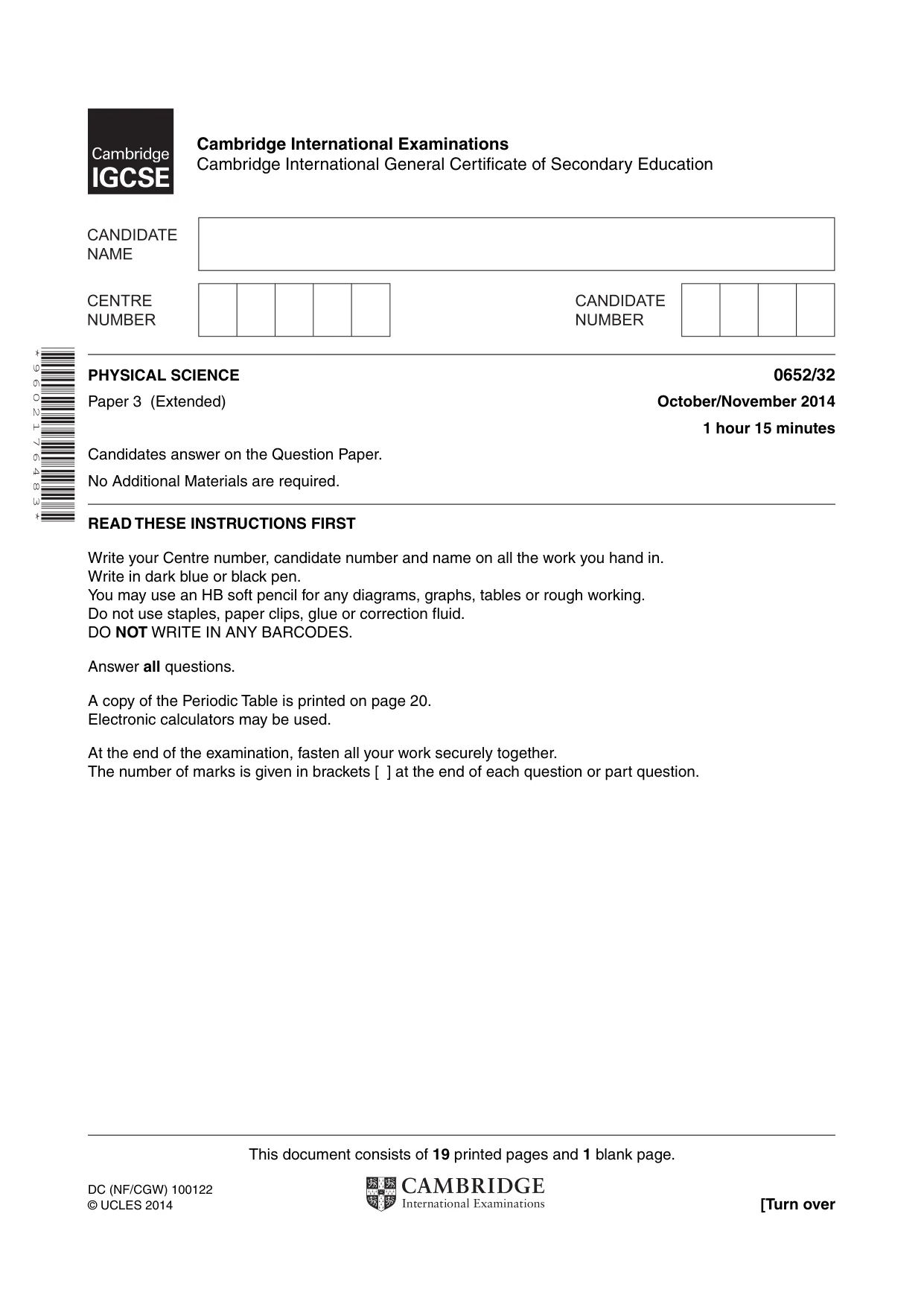 Cambridge IGCSE Physical Science 0652 2014 Oct/Nov Paper 3 · Variant 2 question paper, page 1 of 20