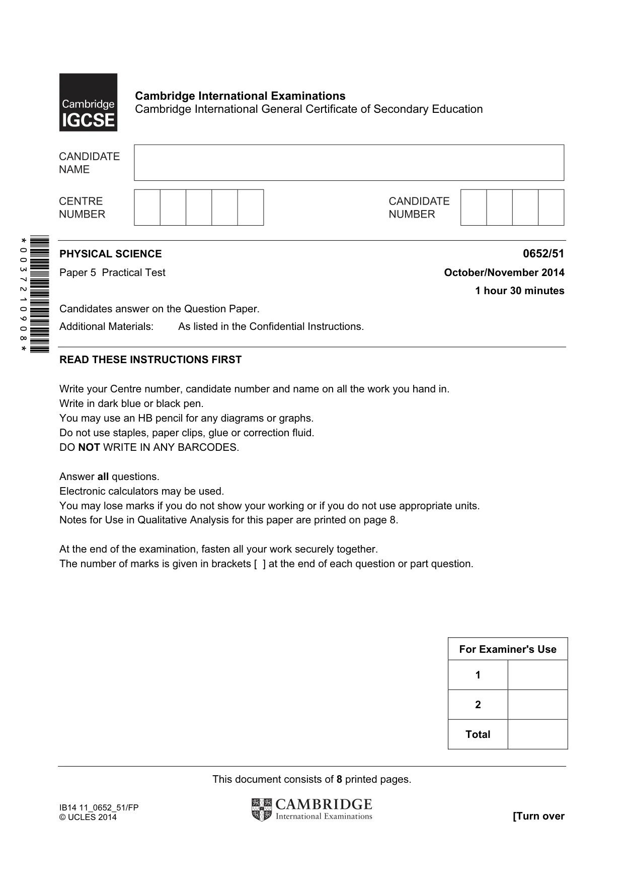Cambridge IGCSE Physical Science 0652 2014 Oct/Nov Paper 5 · Variant 1 question paper, page 1 of 8