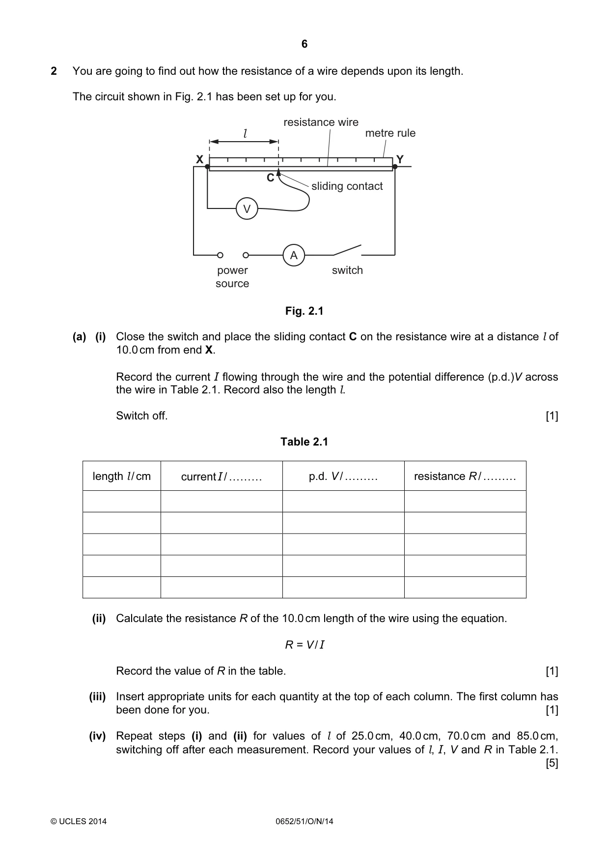 Cambridge IGCSE Physical Science 0652 2014 Oct/Nov Paper 5 · Variant 1 question paper, page 6 of 8