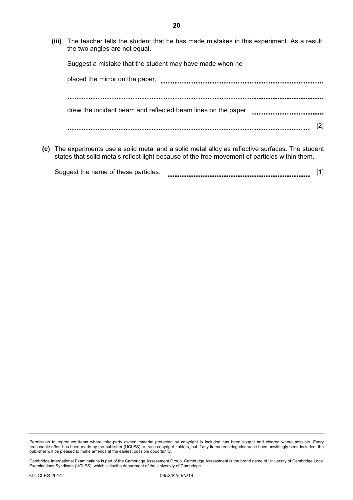 Cambridge IGCSE Physical Science 0652 2014 Oct/Nov Paper 6 · Variant 2 question paper, page 20 of 20