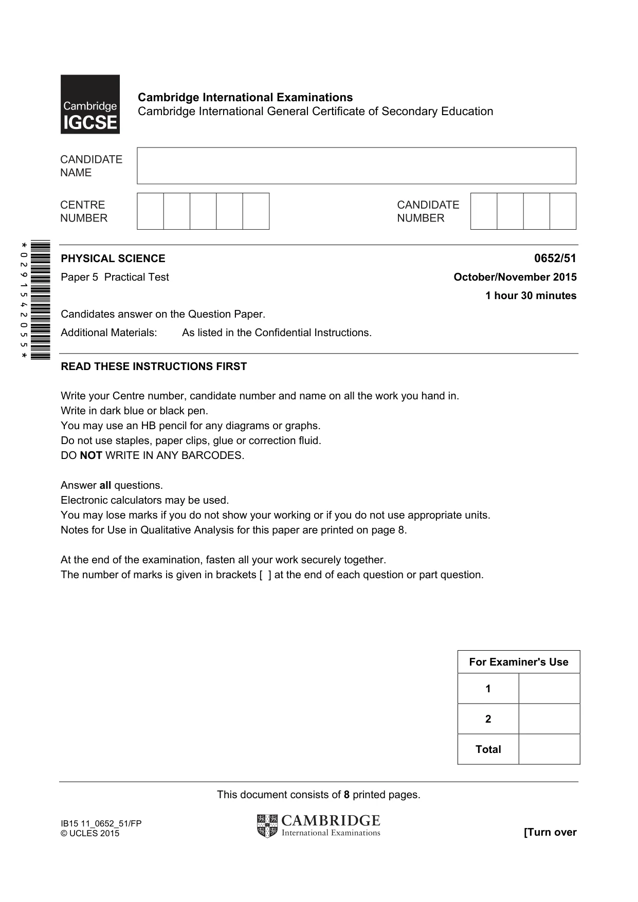 Cambridge IGCSE Physical Science 0652 2015 Oct/Nov Paper 5 · Variant 1 question paper, page 1 of 8