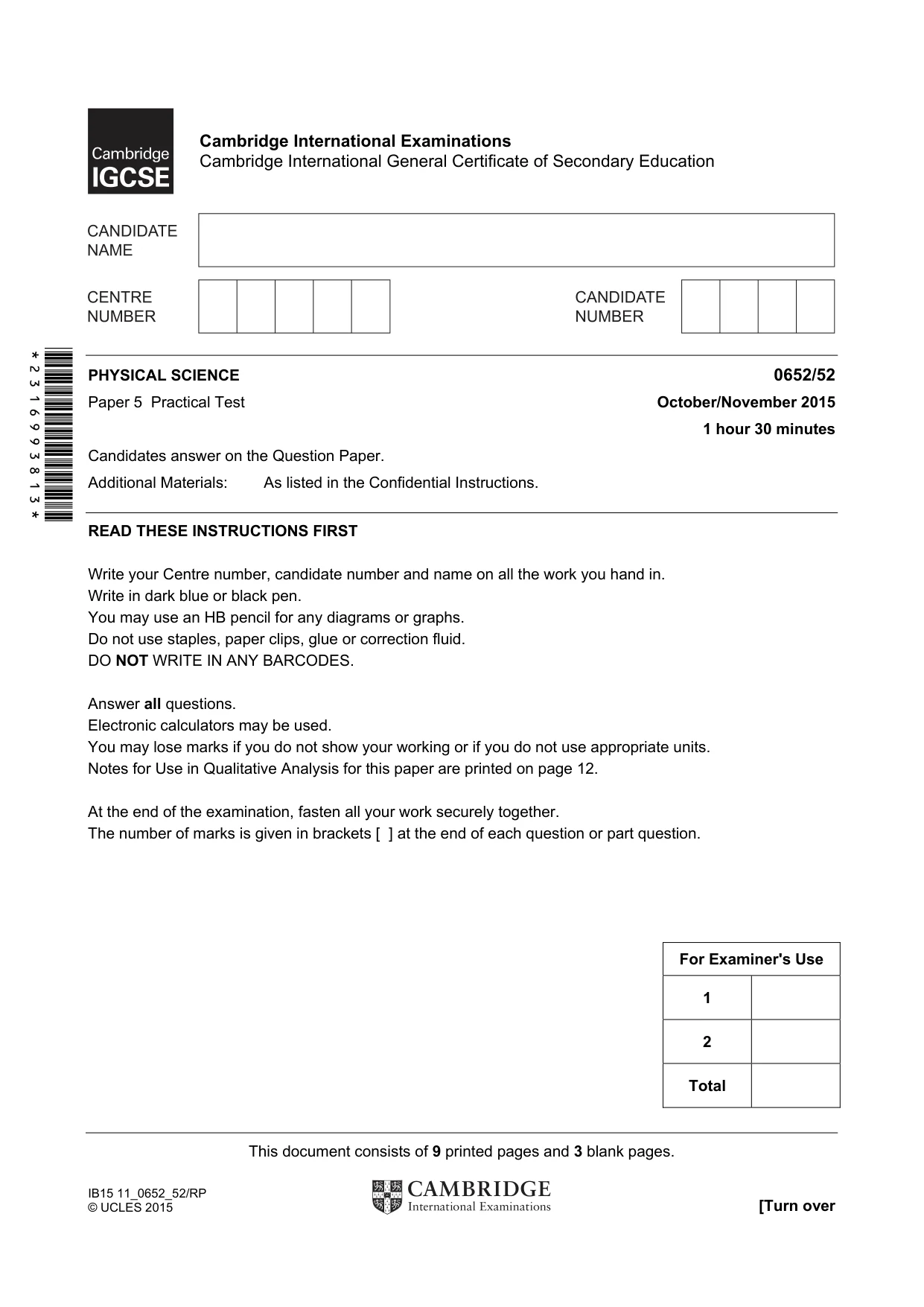 Cambridge IGCSE Physical Science 0652 2015 Oct/Nov Paper 5 · Variant 2 question paper, page 1 of 12