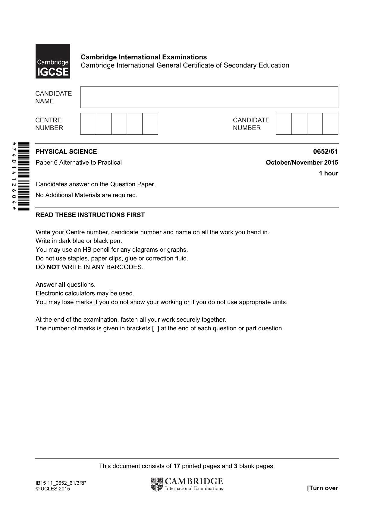 Cambridge IGCSE Physical Science 0652 2015 Oct/Nov Paper 6 · Variant 1 question paper, page 1 of 20