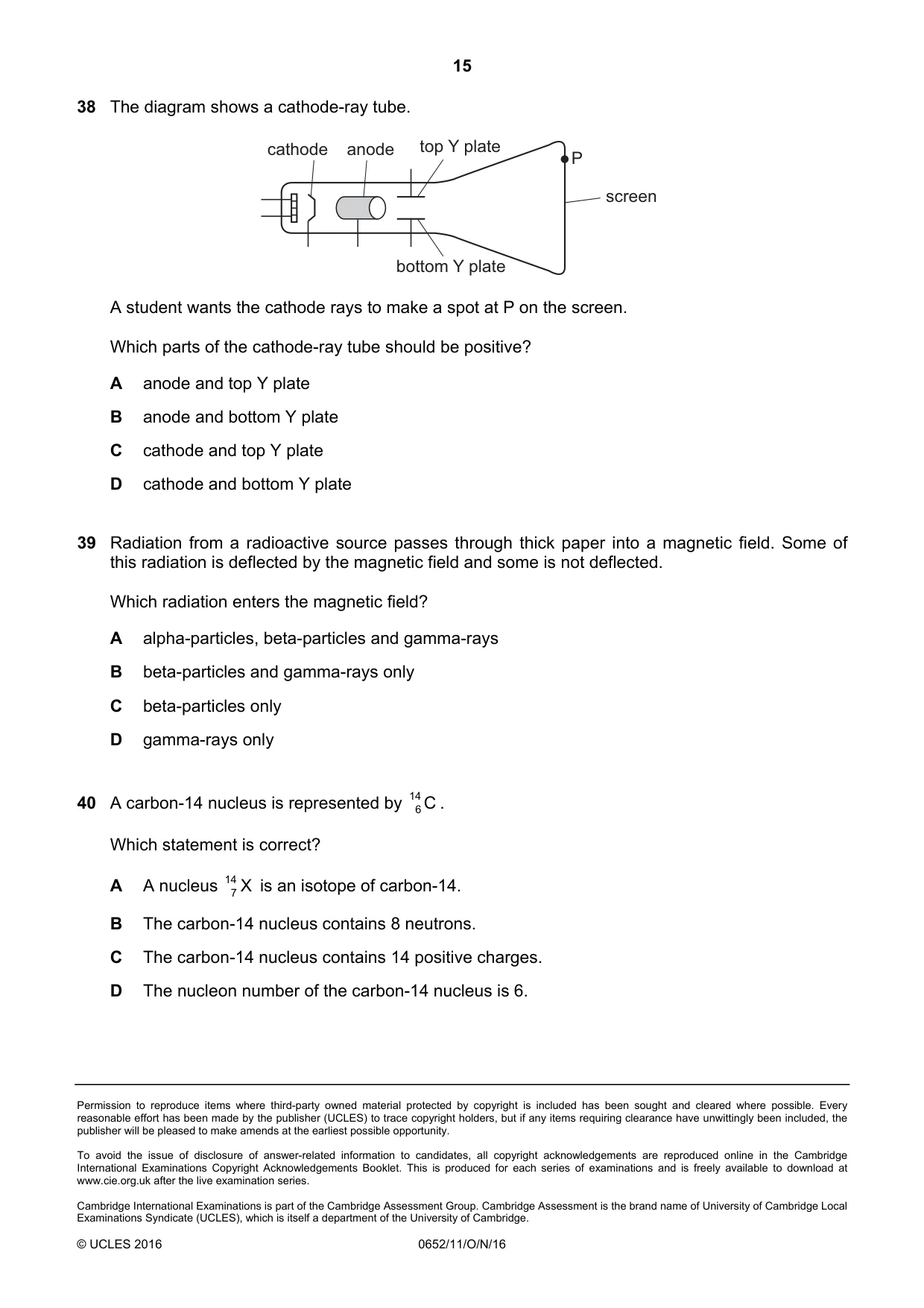 Cambridge IGCSE Physical Science 0652 2016 Oct/Nov Paper 1 · Variant 1 question paper, page 15 of 16