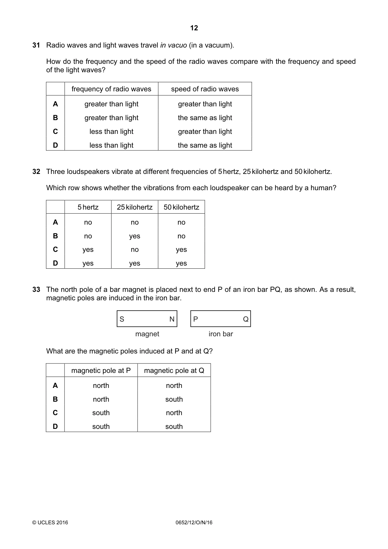 Cambridge IGCSE Physical Science 0652 2016 Oct/Nov Paper 1 · Variant 2 question paper, page 12 of 16