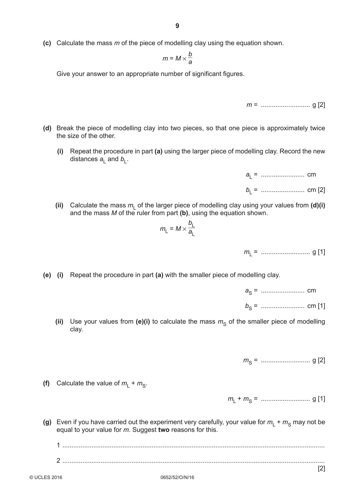 Cambridge IGCSE Physical Science 0652 2016 Oct/Nov Paper 5 · Variant 2 question paper, page 9 of 12