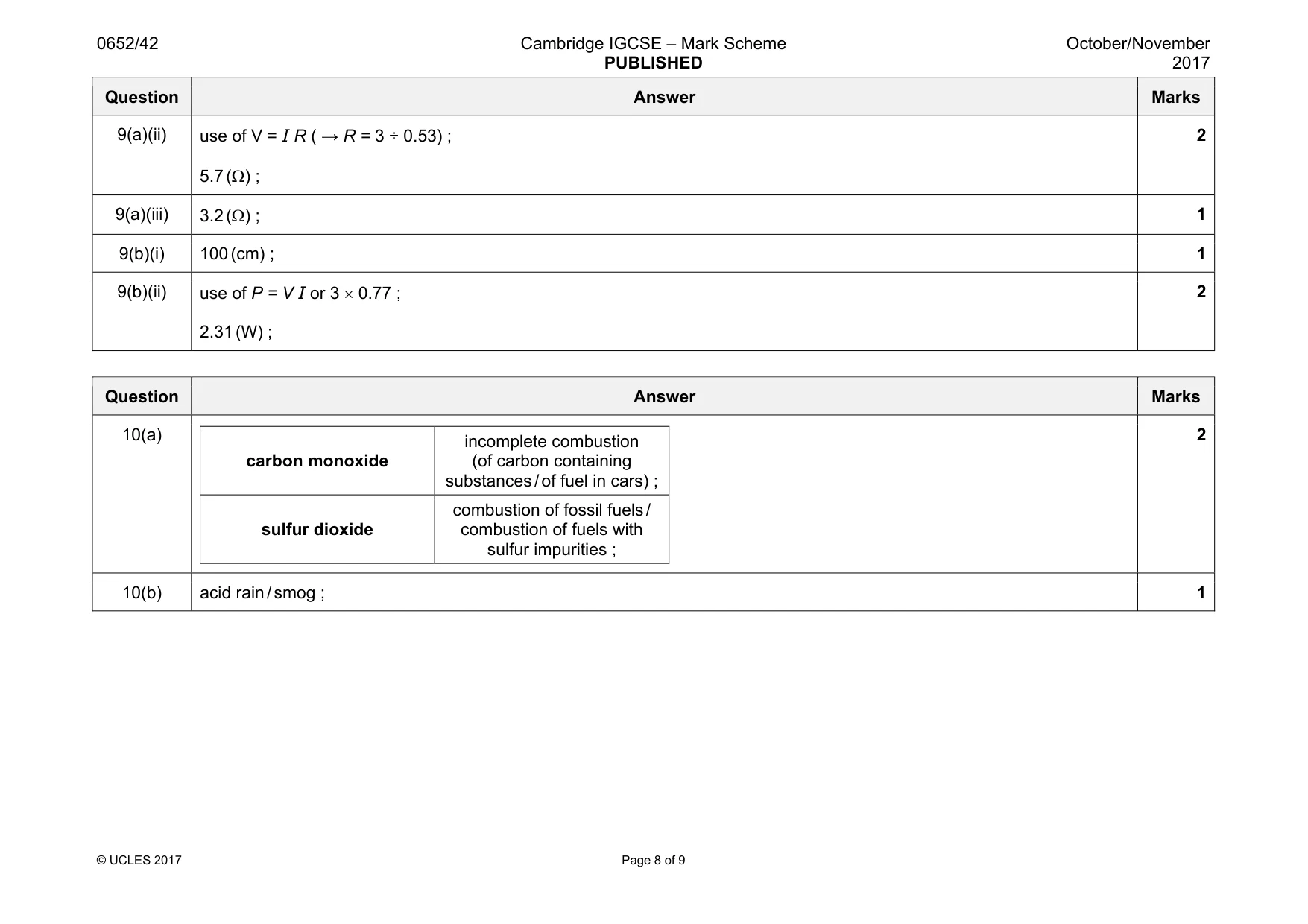 Mark scheme, page 8 of 9