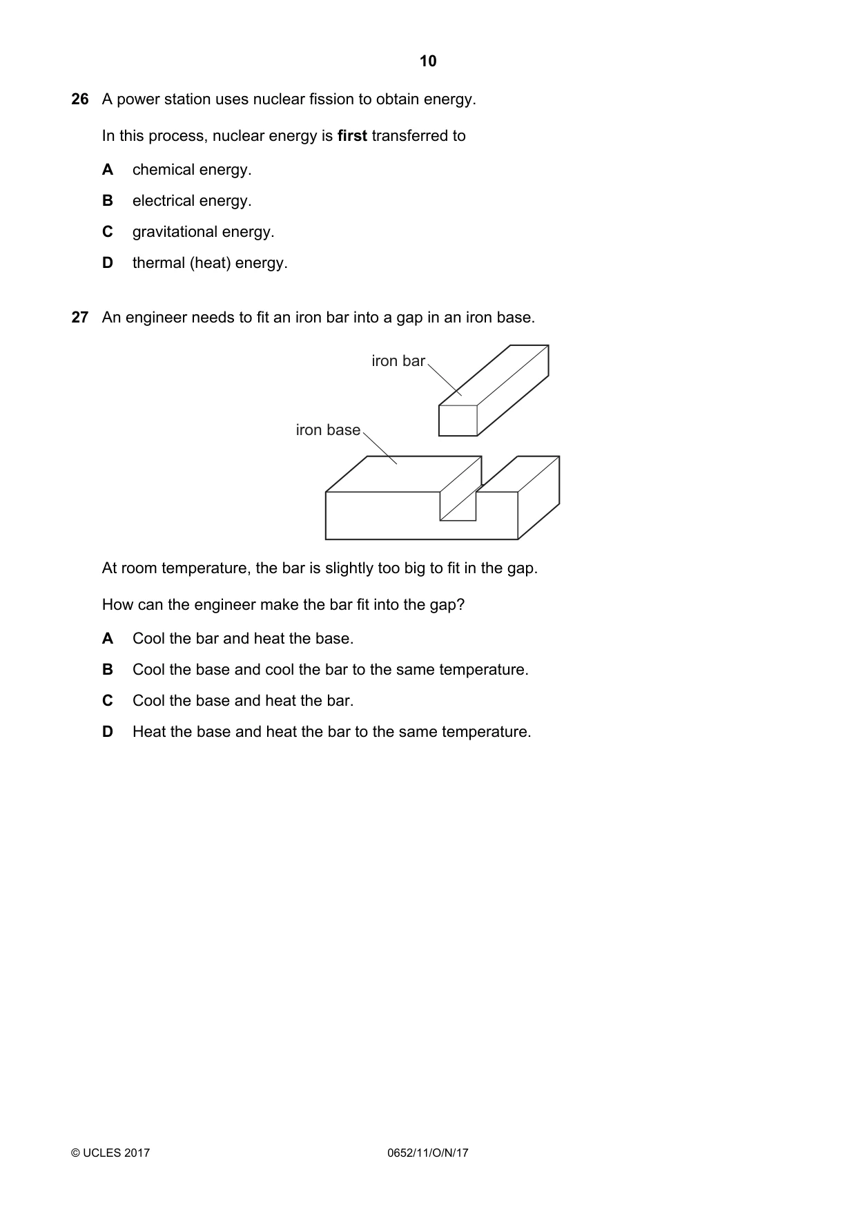 Cambridge IGCSE Physical Science 0652 2017 Oct/Nov Paper 1 · Variant 1 question paper, page 10 of 20