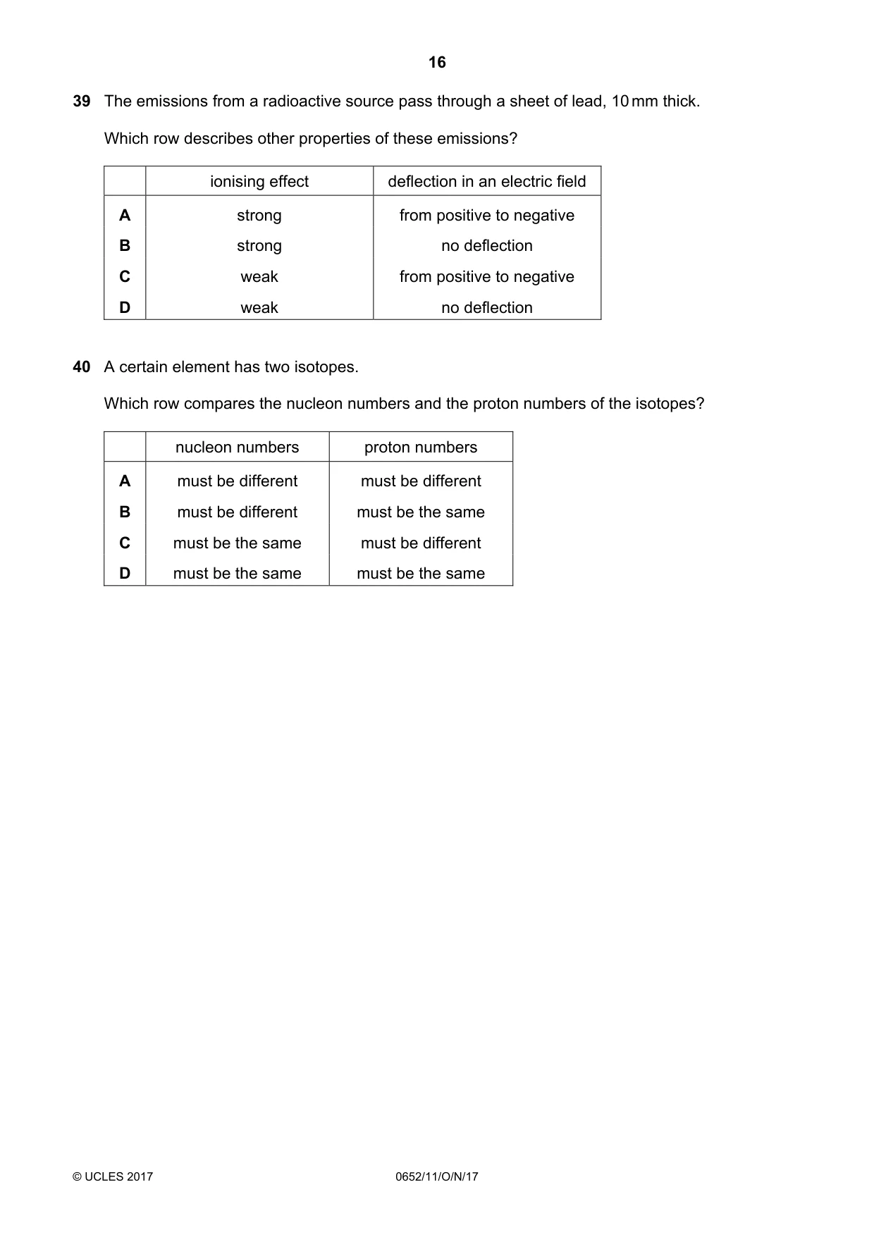 Cambridge IGCSE Physical Science 0652 2017 Oct/Nov Paper 1 · Variant 1 question paper, page 16 of 20