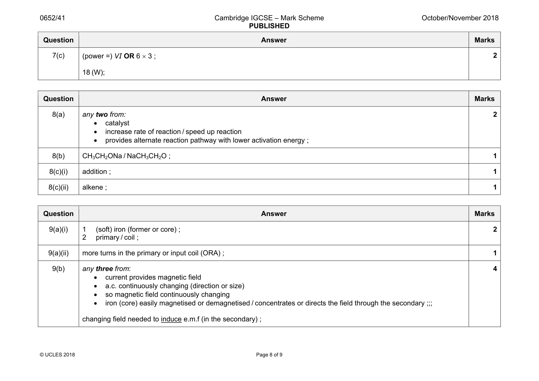 Mark scheme, page 8 of 9