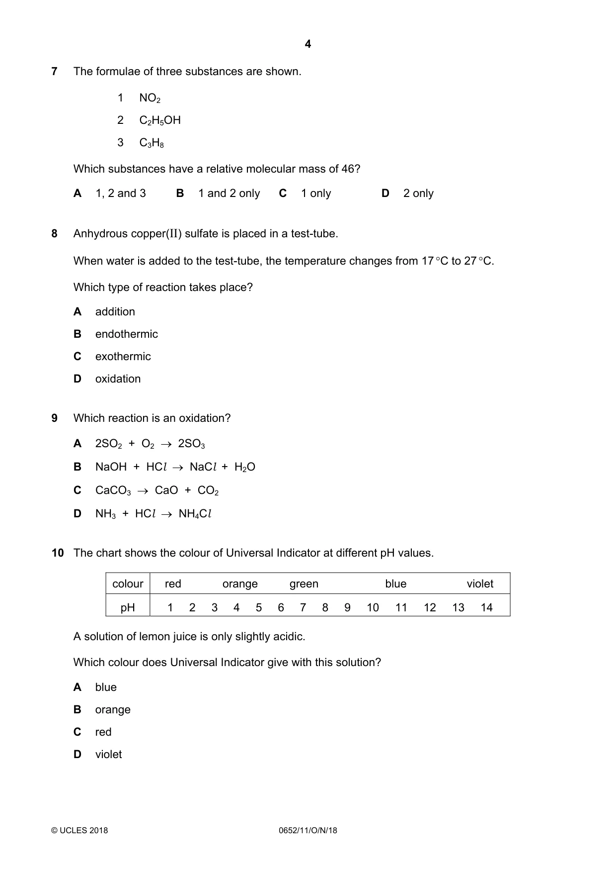 Cambridge IGCSE Physical Science 0652 2018 Oct/Nov Paper 1 · Variant 1 question paper, page 4 of 20