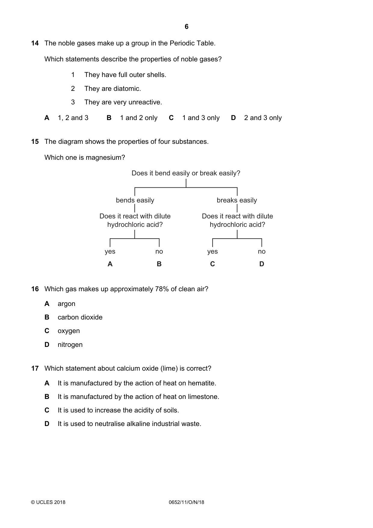 Cambridge IGCSE Physical Science 0652 2018 Oct/Nov Paper 1 · Variant 1 question paper, page 6 of 20