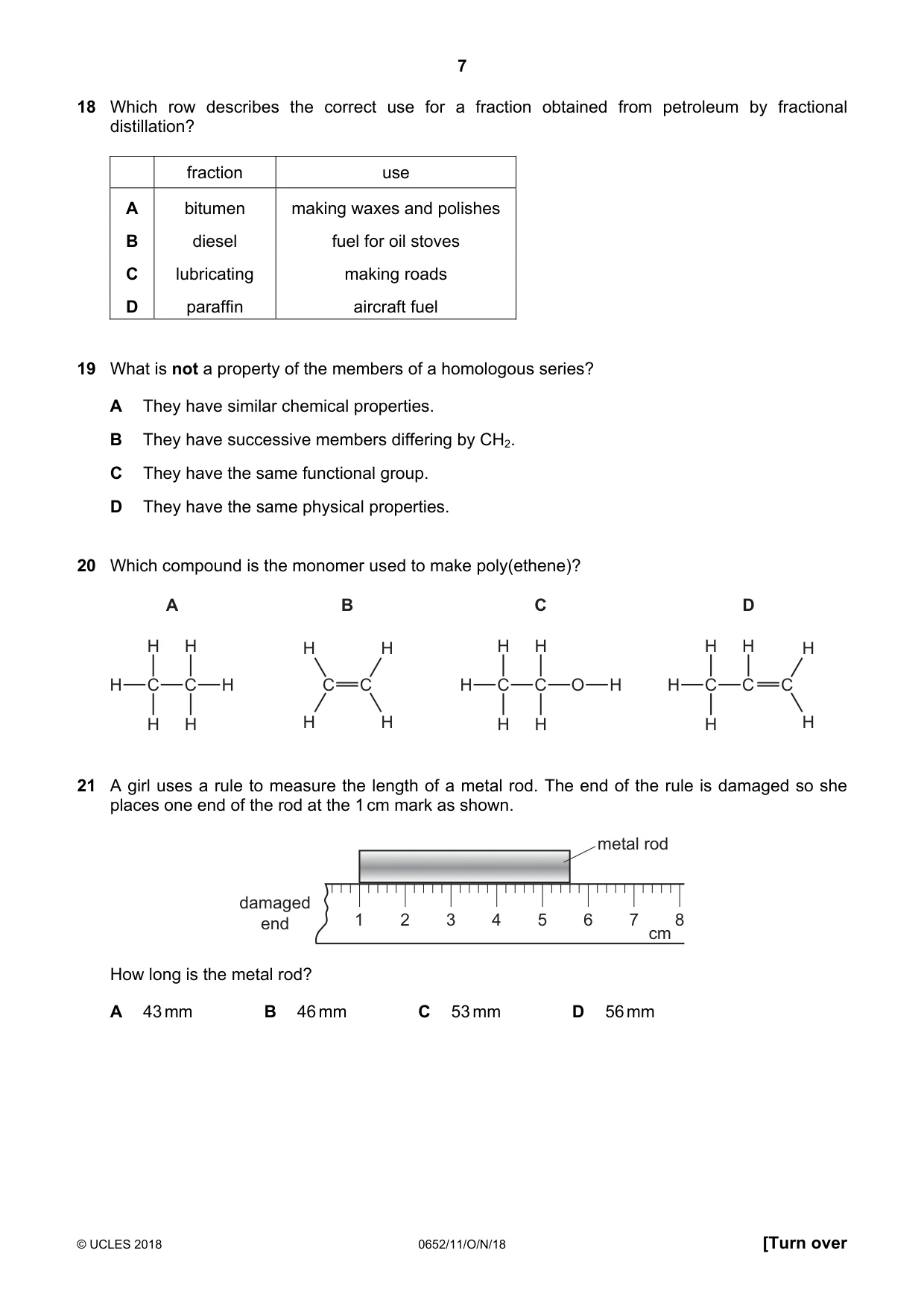 Cambridge IGCSE Physical Science 0652 2018 Oct/Nov Paper 1 · Variant 1 question paper, page 7 of 20