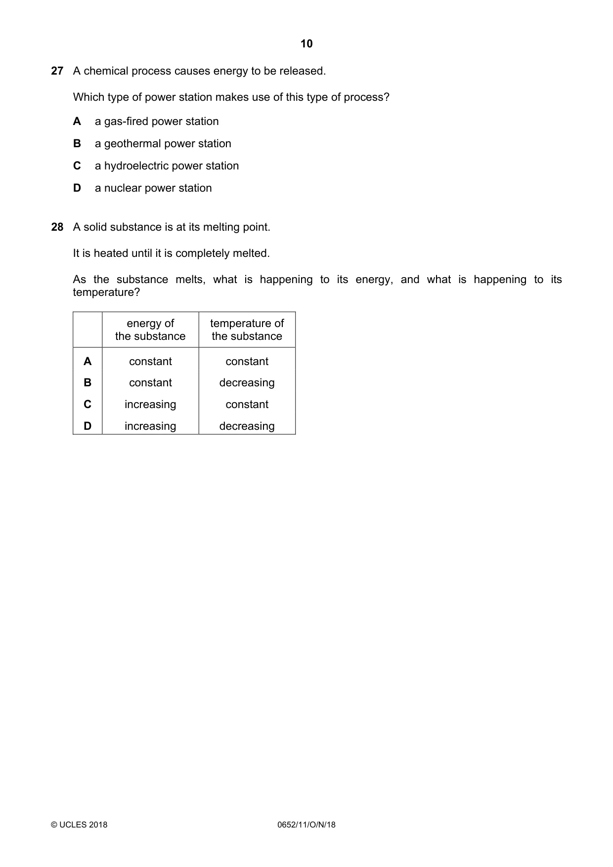 Cambridge IGCSE Physical Science 0652 2018 Oct/Nov Paper 1 · Variant 1 question paper, page 10 of 20