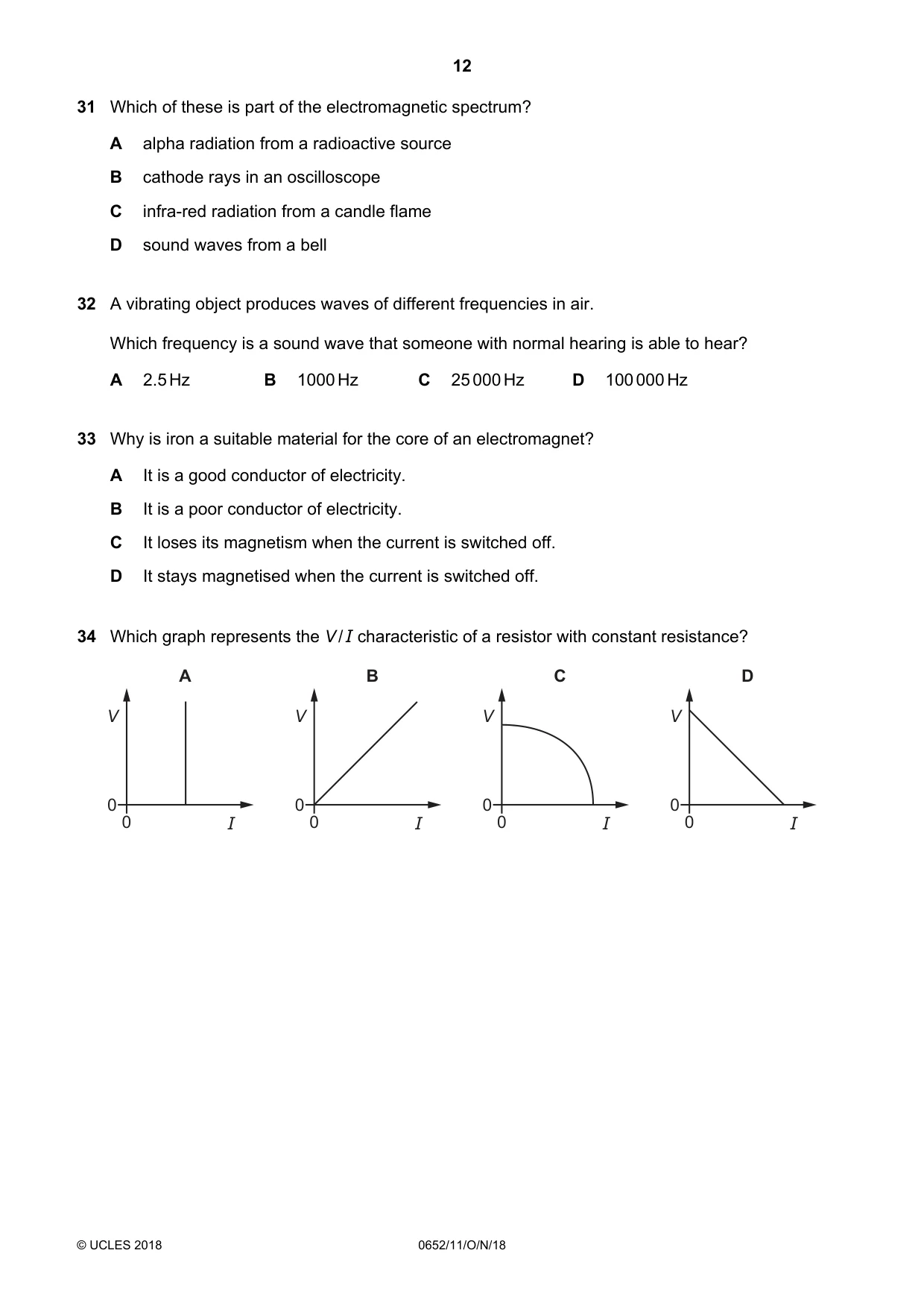Cambridge IGCSE Physical Science 0652 2018 Oct/Nov Paper 1 · Variant 1 question paper, page 12 of 20