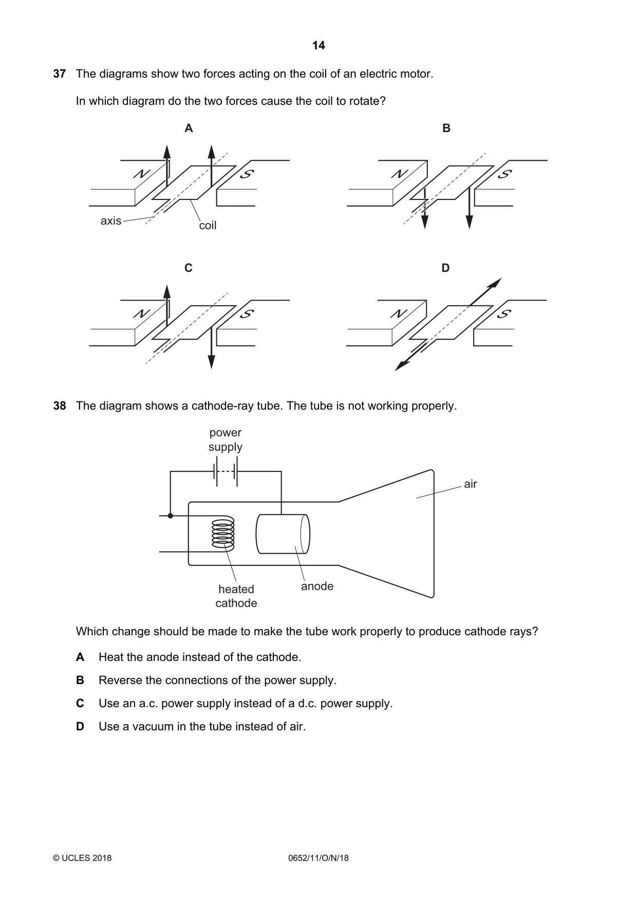 Cambridge IGCSE Physical Science 0652 2018 Oct/Nov Paper 1 · Variant 1 question paper, page 14 of 20