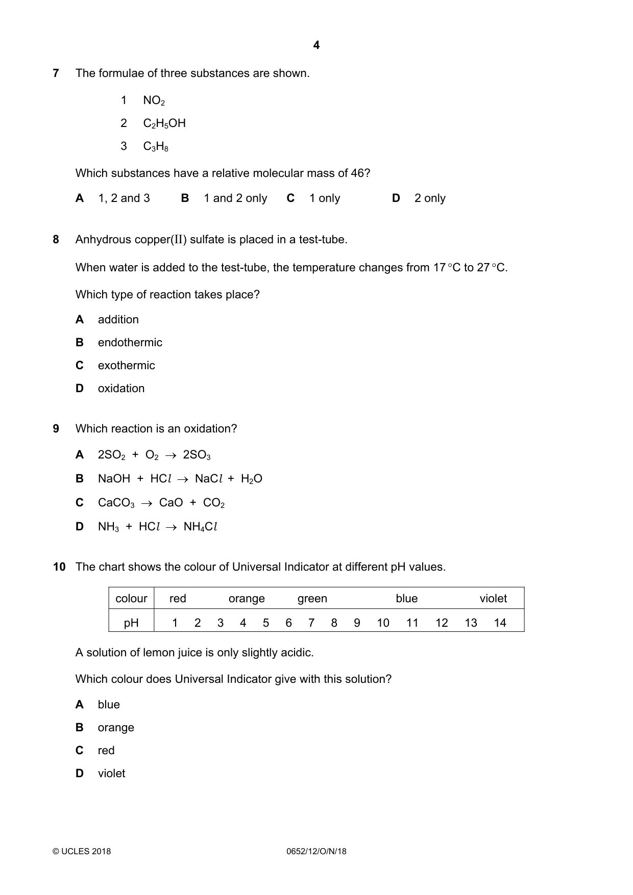 Cambridge IGCSE Physical Science 0652 2018 Oct/Nov Paper 1 · Variant 2 question paper, page 4 of 20