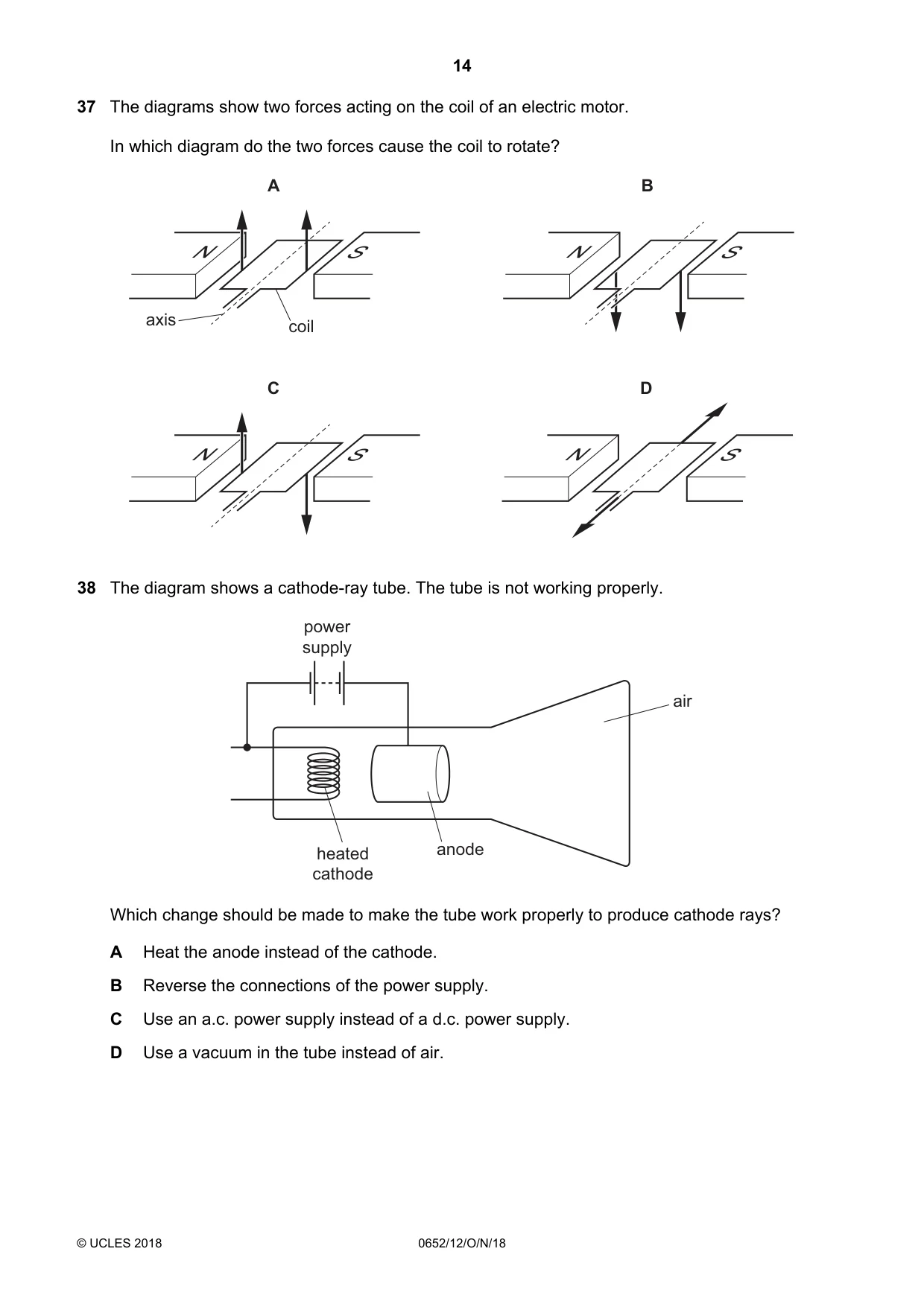 Cambridge IGCSE Physical Science 0652 2018 Oct/Nov Paper 1 · Variant 2 question paper, page 14 of 20