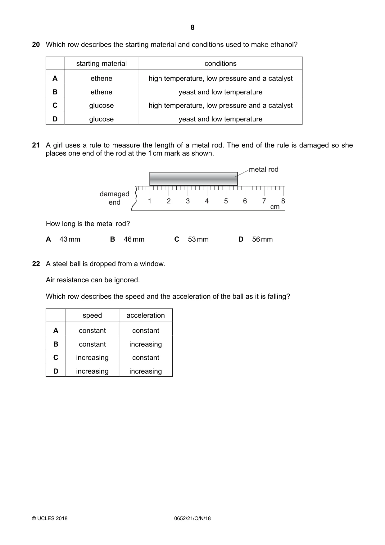 Cambridge IGCSE Physical Science 0652 2018 Oct/Nov Paper 2 · Variant 1 question paper, page 8 of 16