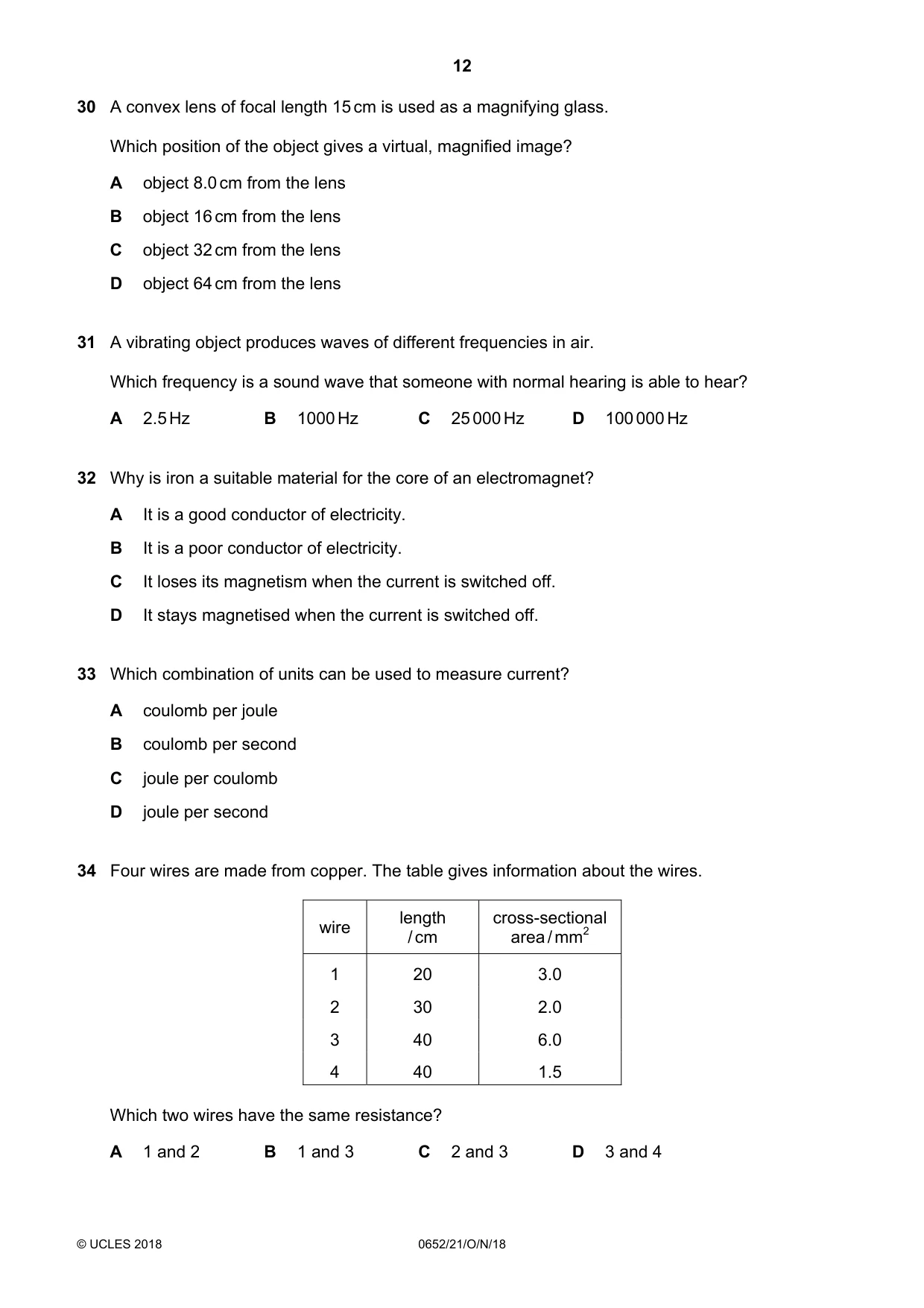 Cambridge IGCSE Physical Science 0652 2018 Oct/Nov Paper 2 · Variant 1 question paper, page 12 of 16