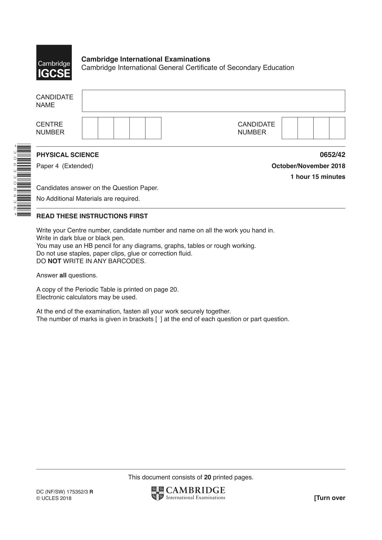 Cambridge IGCSE Physical Science 0652 2018 Oct/Nov Paper 4 · Variant 2 question paper, page 1 of 20