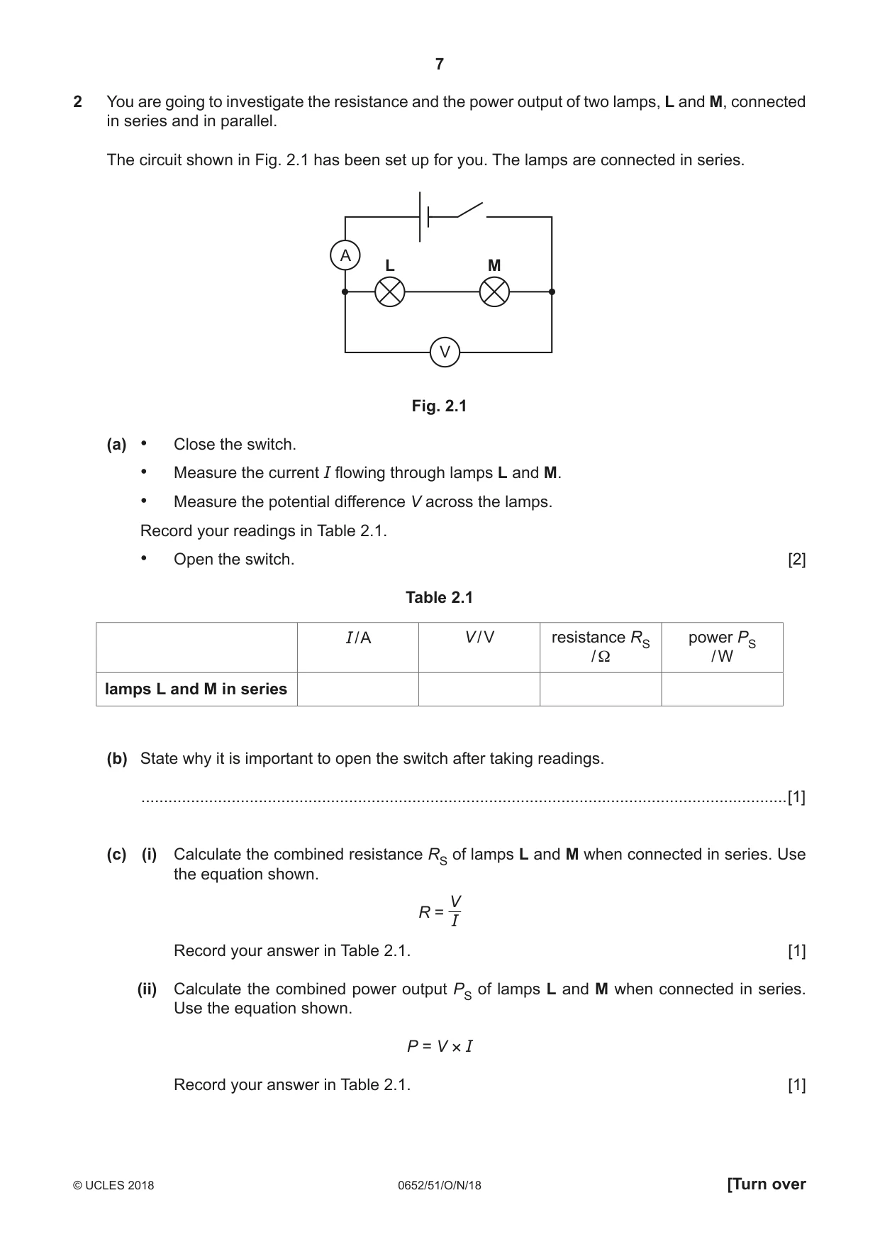 Cambridge IGCSE Physical Science 0652 2018 Oct/Nov Paper 5 · Variant 1 question paper, page 7 of 12
