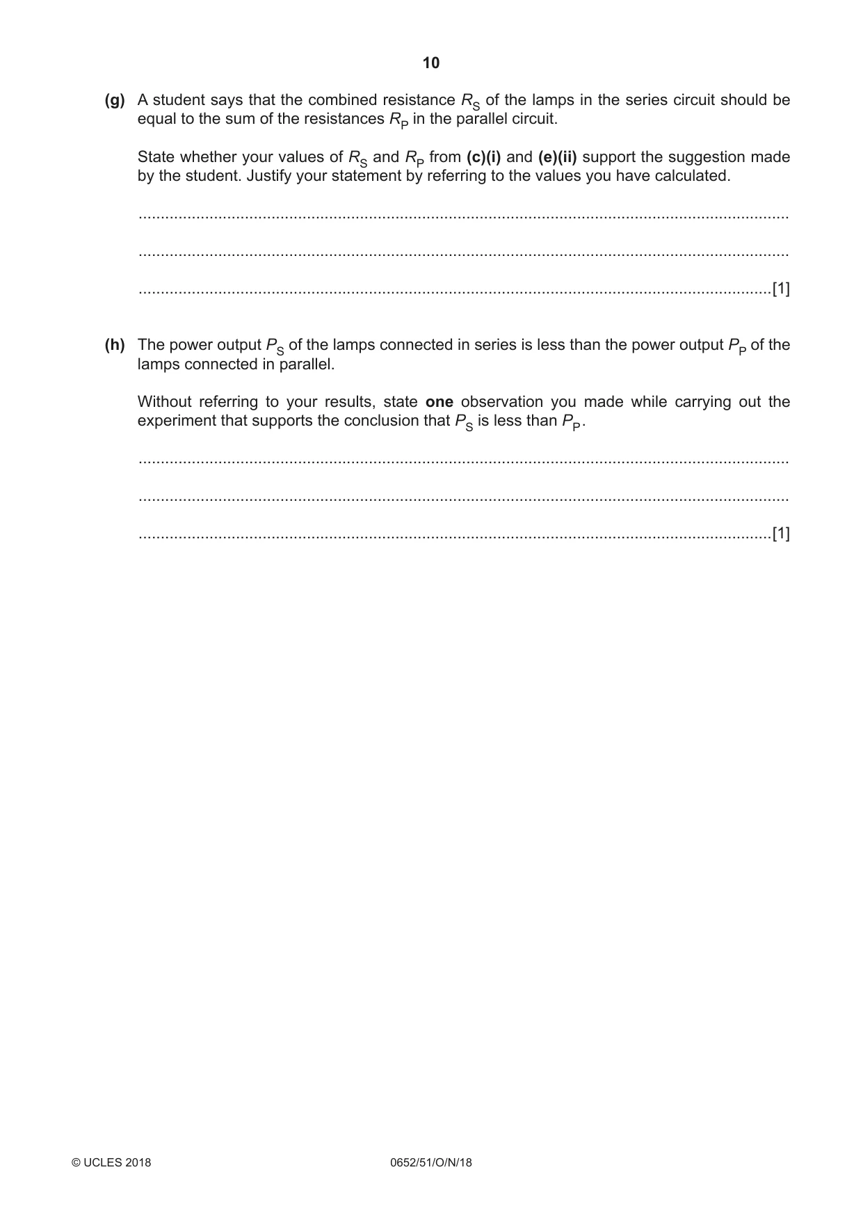 Cambridge IGCSE Physical Science 0652 2018 Oct/Nov Paper 5 · Variant 1 question paper, page 10 of 12