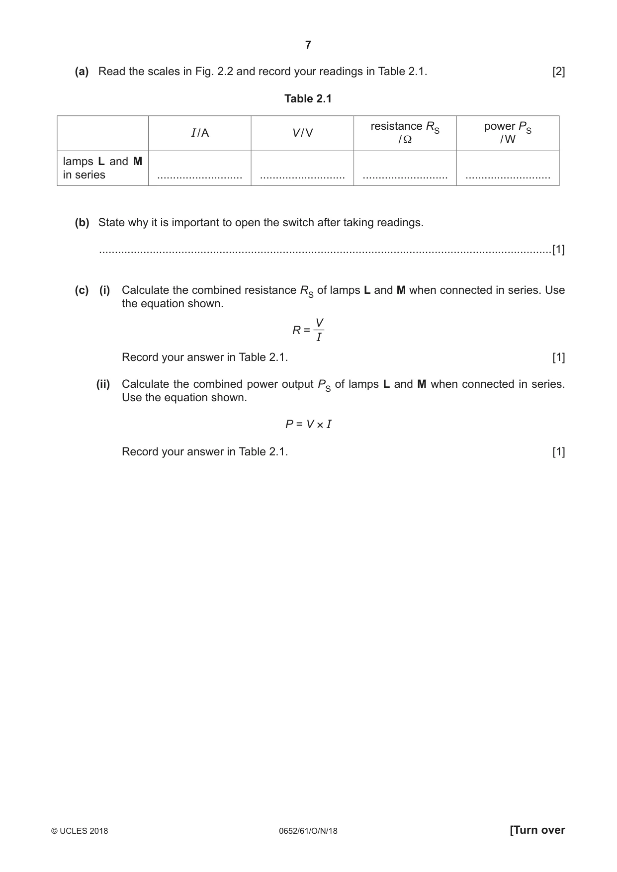 Cambridge IGCSE Physical Science 0652 2018 Oct/Nov Paper 6 · Variant 1 question paper, page 7 of 28