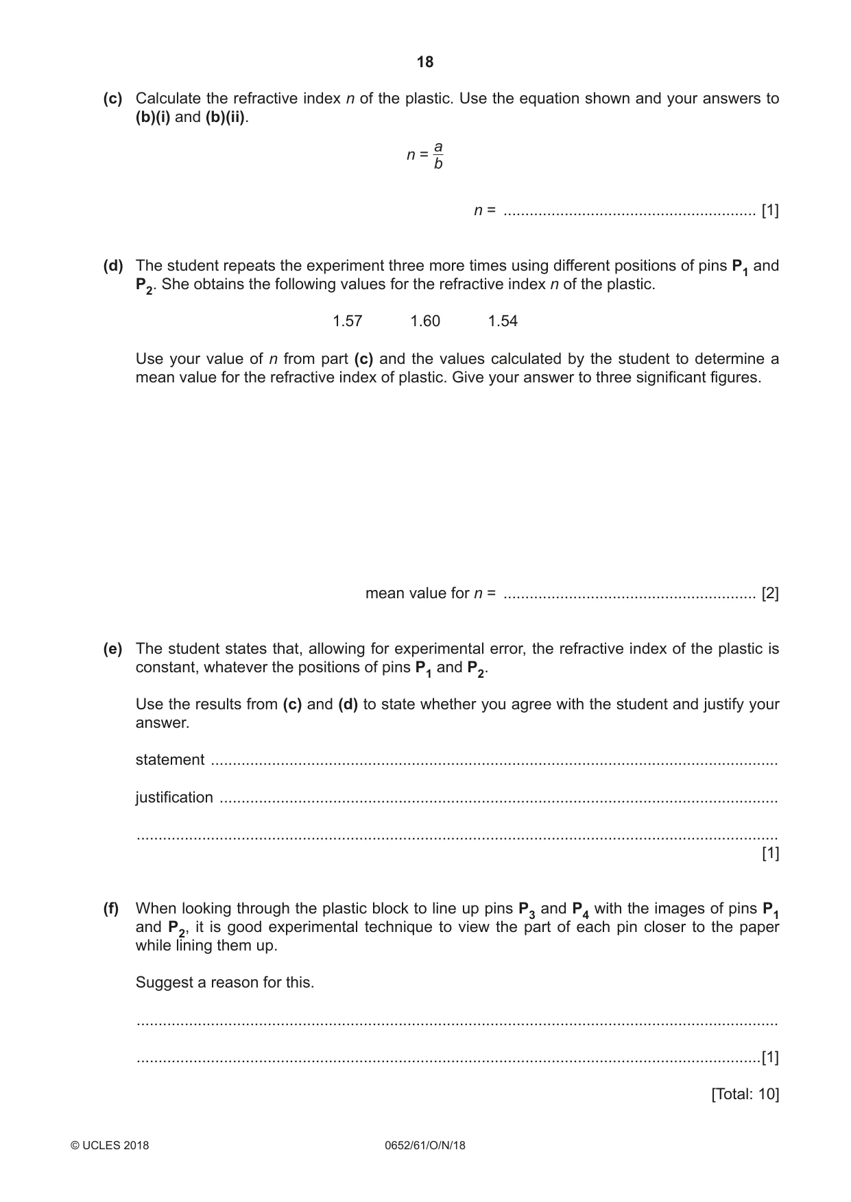 Cambridge IGCSE Physical Science 0652 2018 Oct/Nov Paper 6 · Variant 1 question paper, page 18 of 28