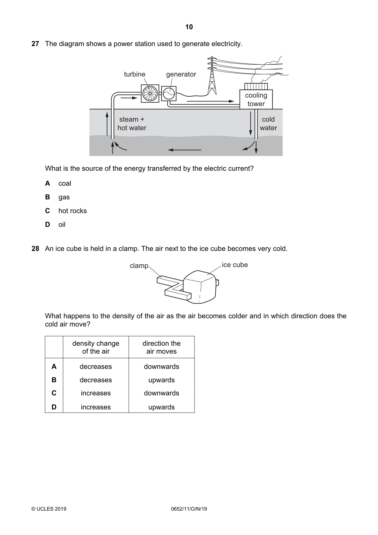 Cambridge IGCSE Physical Science 0652 2019 Oct/Nov Paper 1 · Variant 1 question paper, page 10 of 16