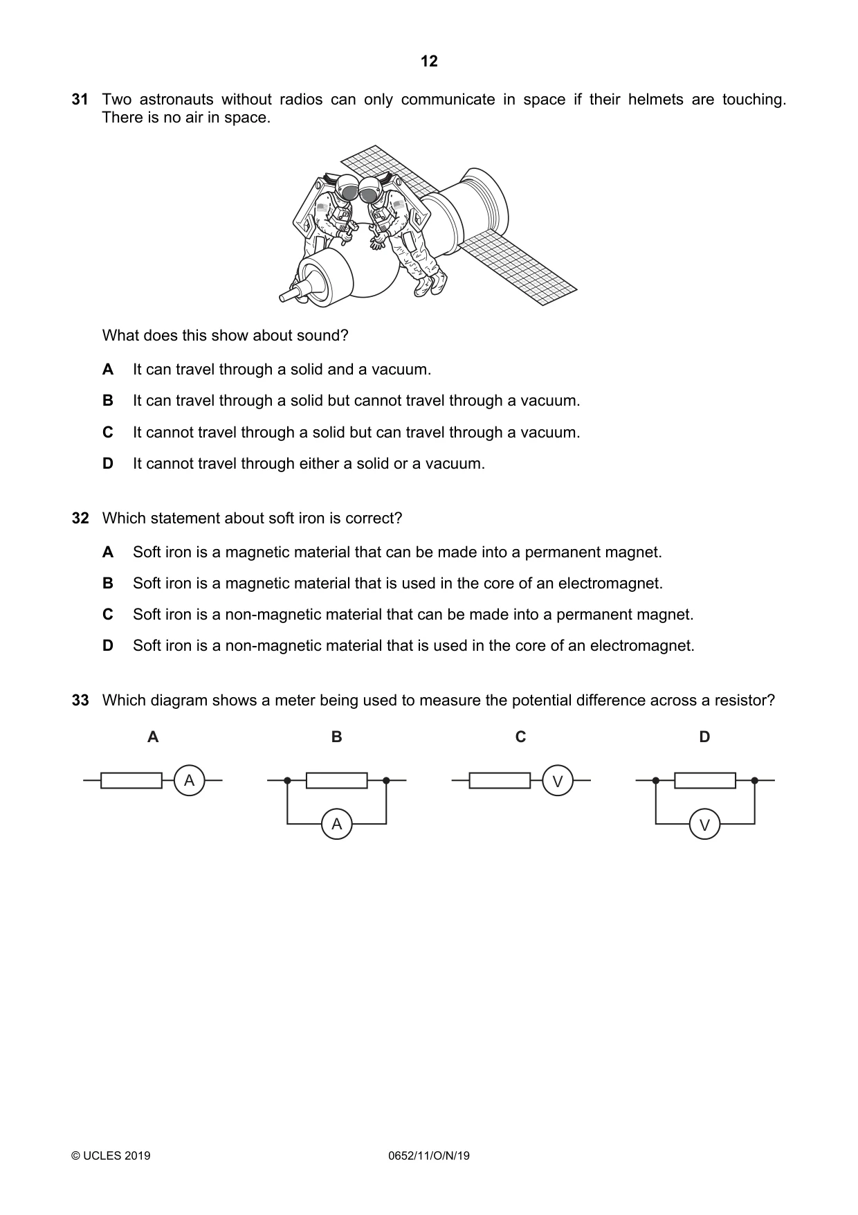 Cambridge IGCSE Physical Science 0652 2019 Oct/Nov Paper 1 · Variant 1 question paper, page 12 of 16