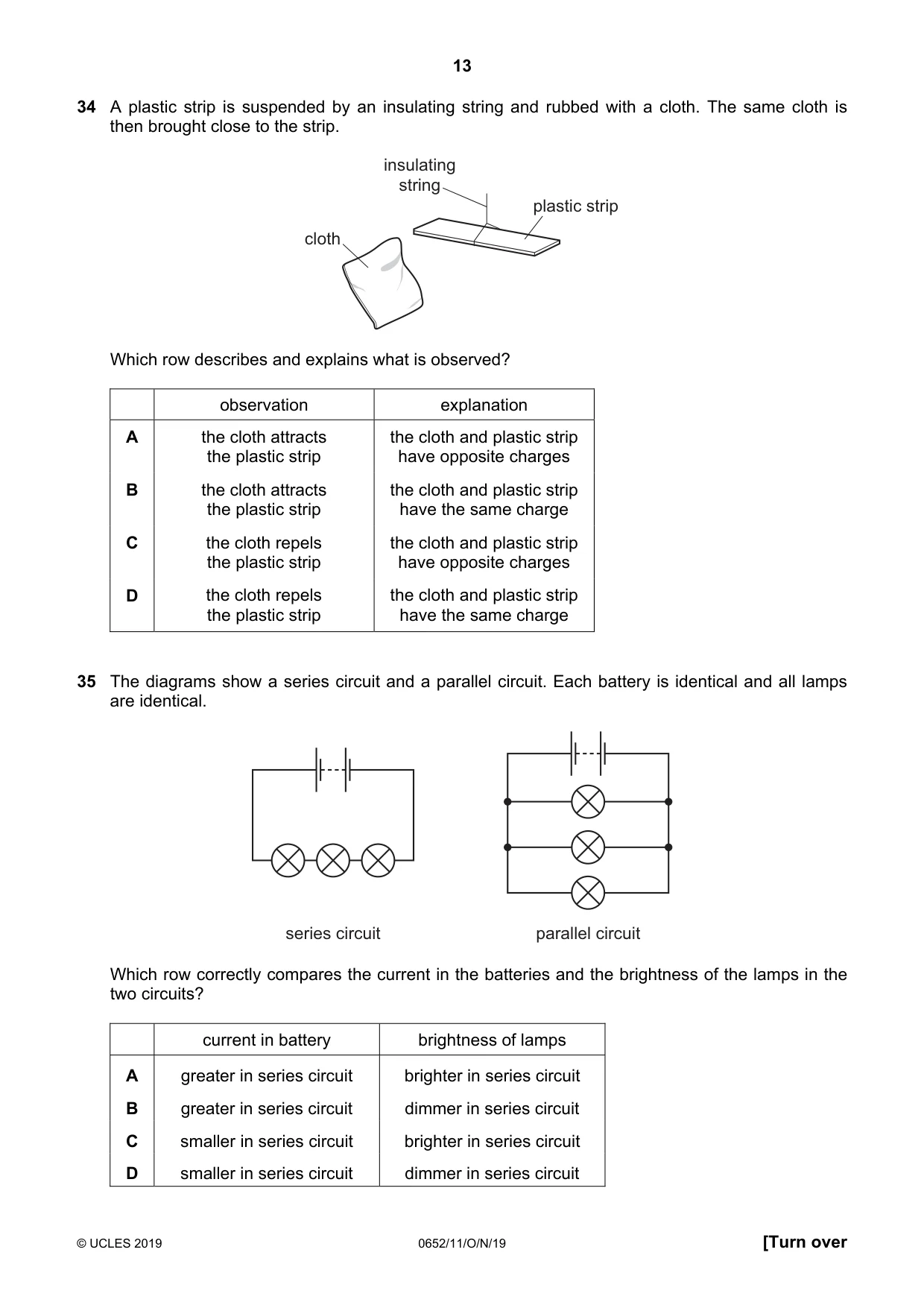 Cambridge IGCSE Physical Science 0652 2019 Oct/Nov Paper 1 · Variant 1 question paper, page 13 of 16