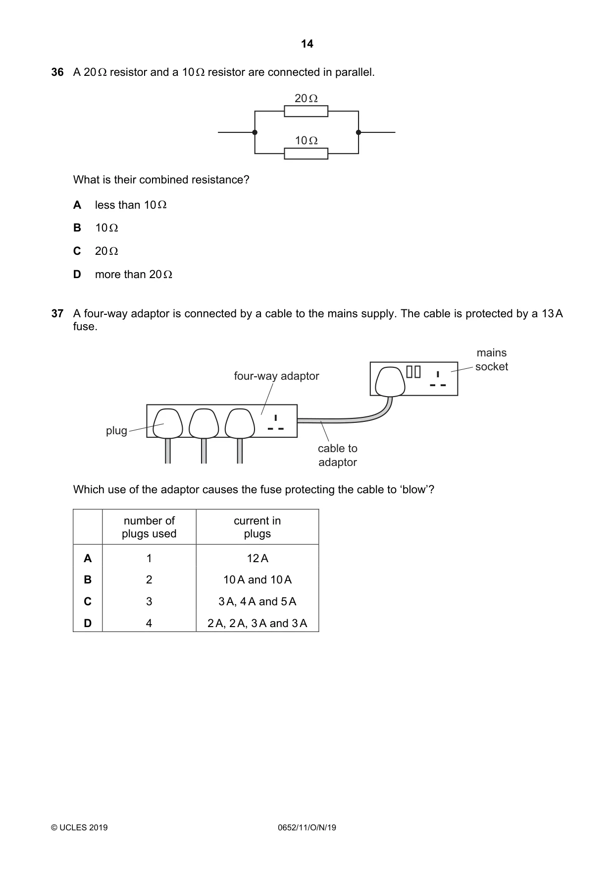 Cambridge IGCSE Physical Science 0652 2019 Oct/Nov Paper 1 · Variant 1 question paper, page 14 of 16