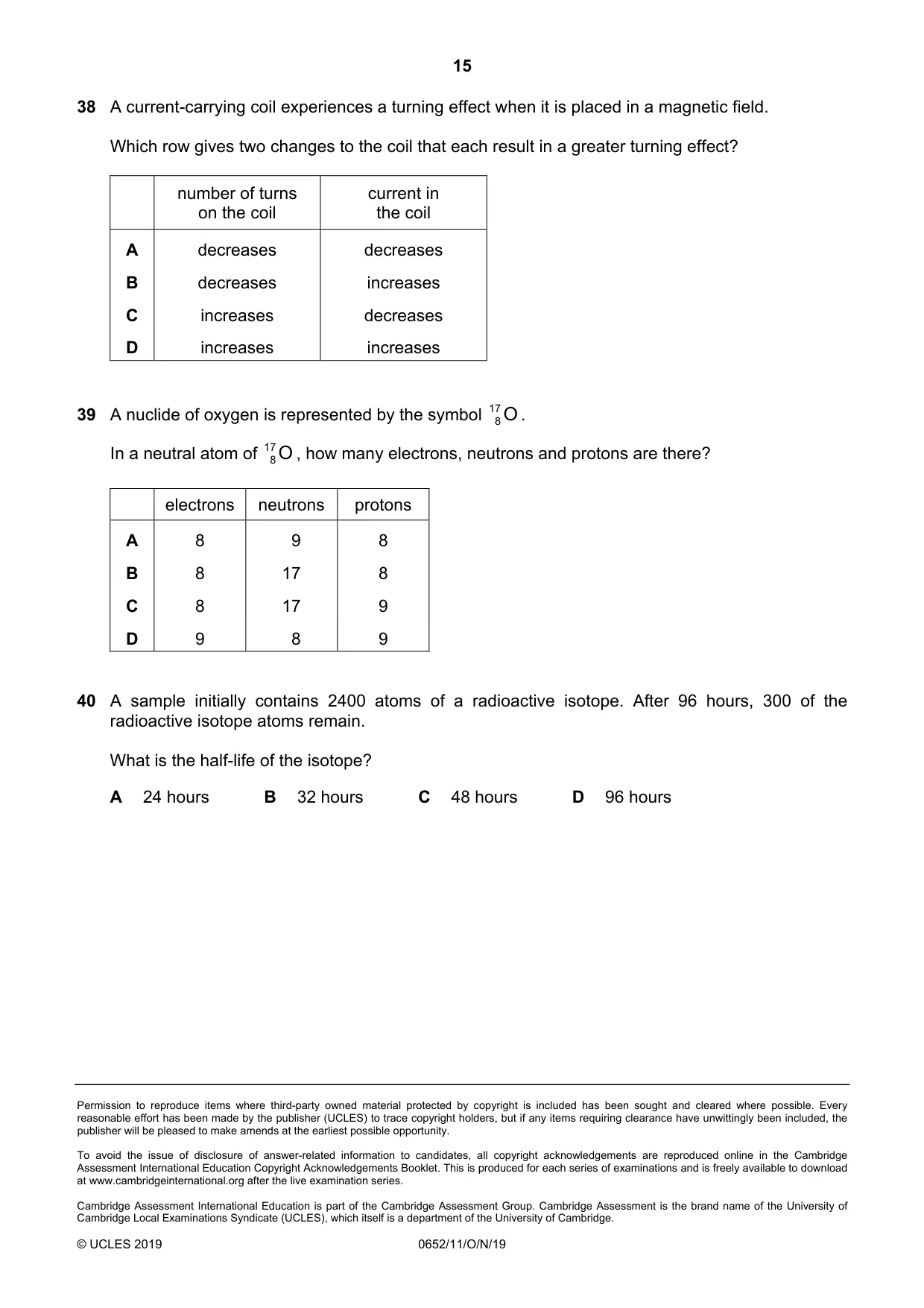 Cambridge IGCSE Physical Science 0652 2019 Oct/Nov Paper 1 · Variant 1 question paper, page 15 of 16