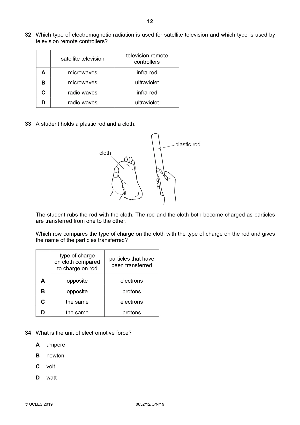 Cambridge IGCSE Physical Science 0652 2019 Oct/Nov Paper 1 · Variant 2 question paper, page 12 of 16