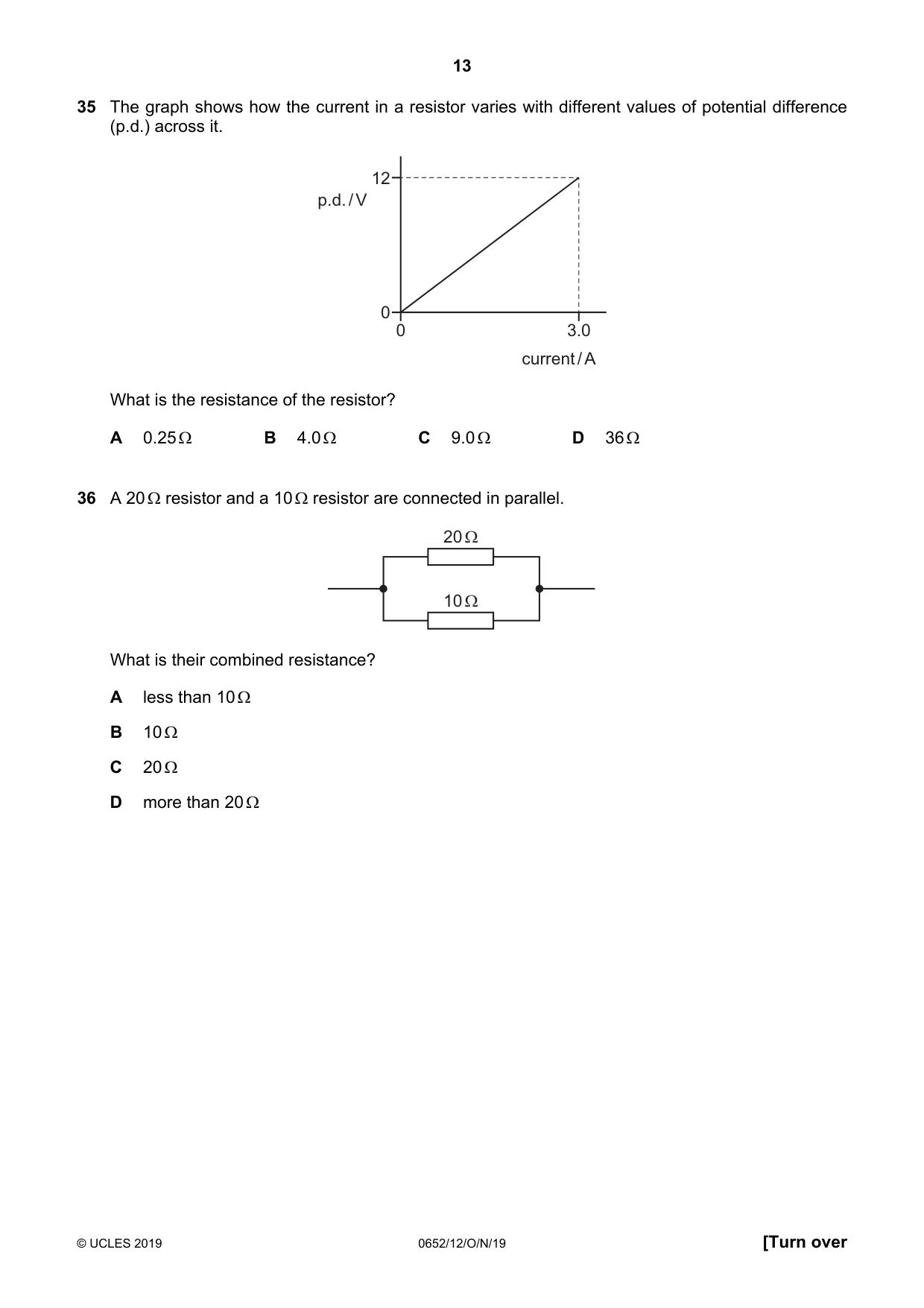 Cambridge IGCSE Physical Science 0652 2019 Oct/Nov Paper 1 · Variant 2 question paper, page 13 of 16