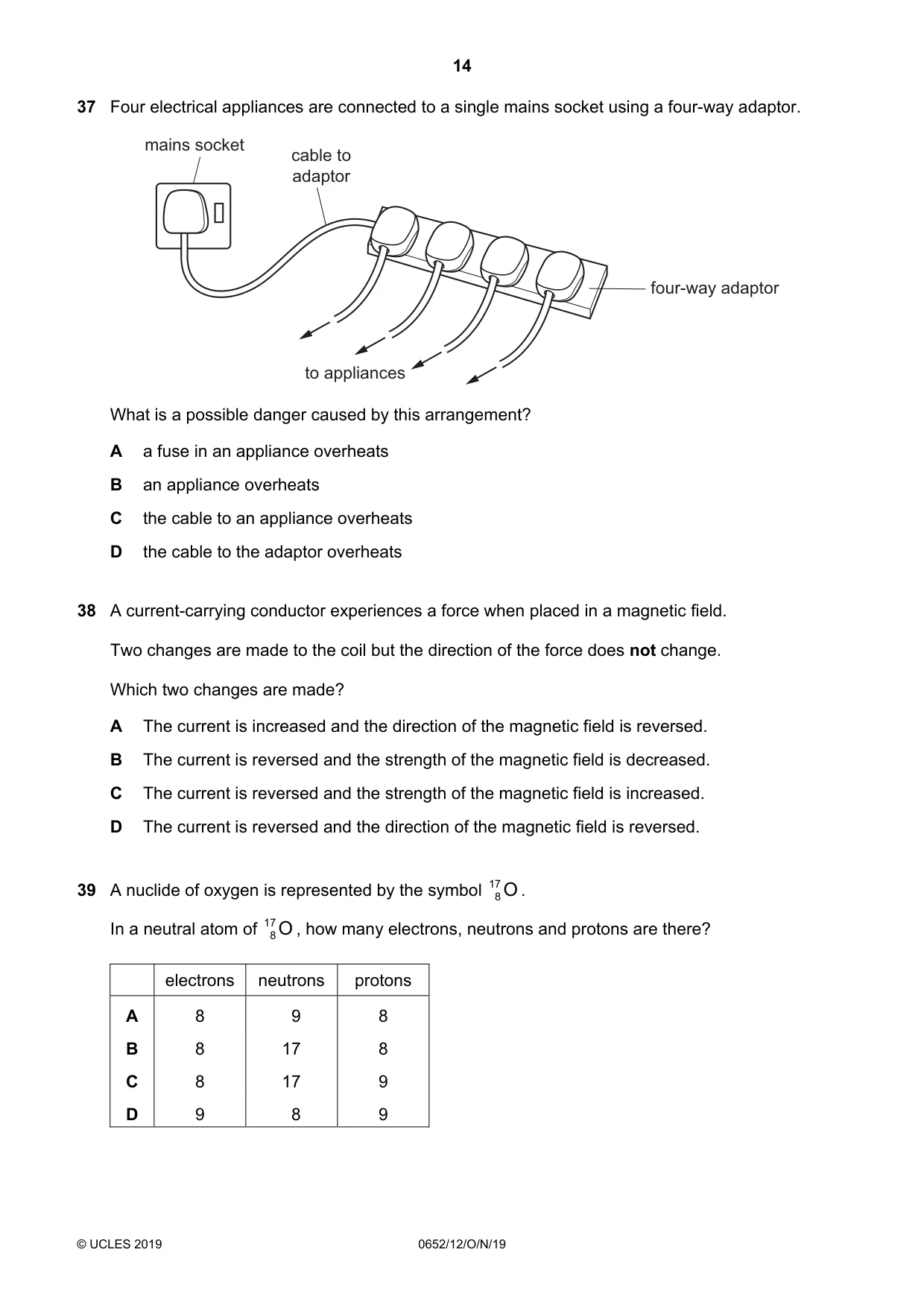 Cambridge IGCSE Physical Science 0652 2019 Oct/Nov Paper 1 · Variant 2 question paper, page 14 of 16