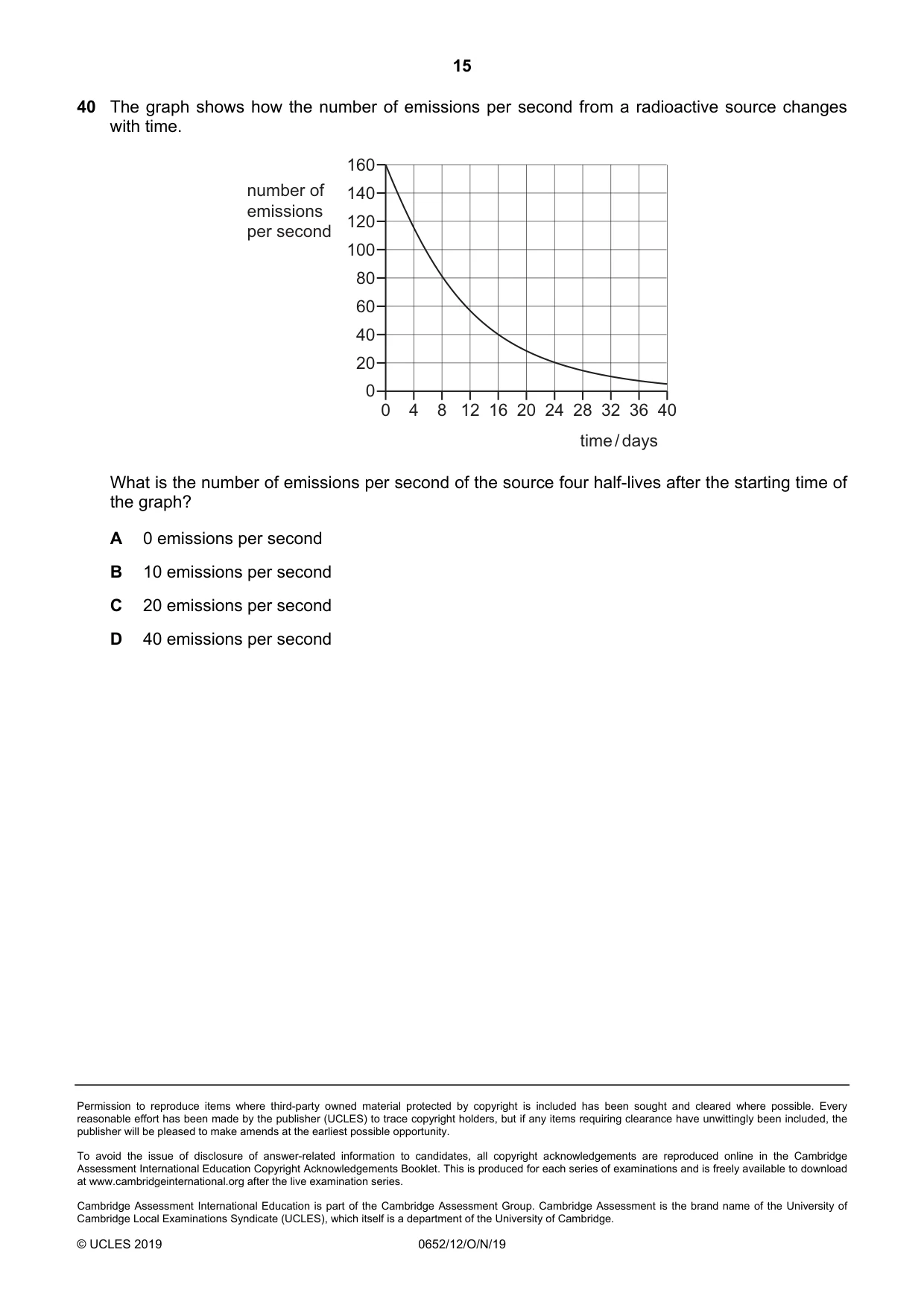 Cambridge IGCSE Physical Science 0652 2019 Oct/Nov Paper 1 · Variant 2 question paper, page 15 of 16