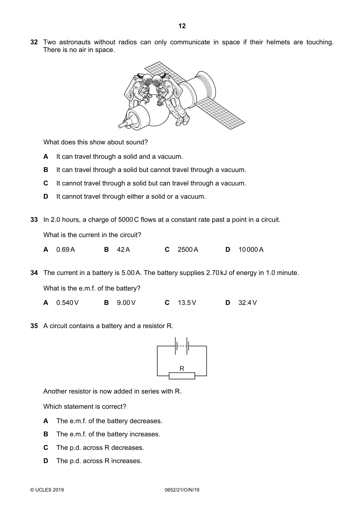 Cambridge IGCSE Physical Science 0652 2019 Oct/Nov Paper 2 · Variant 1 question paper, page 12 of 16