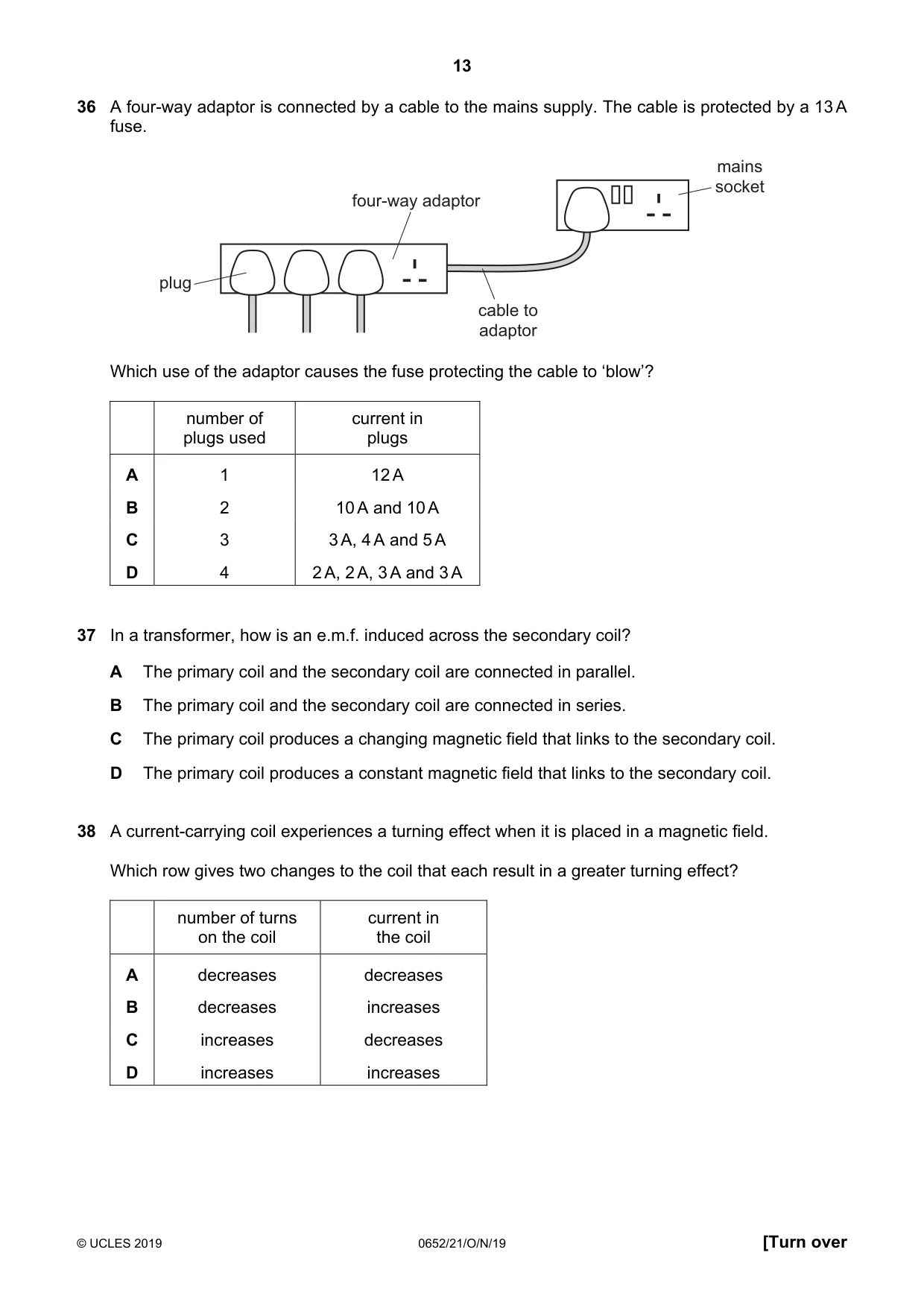 Cambridge IGCSE Physical Science 0652 2019 Oct/Nov Paper 2 · Variant 1 question paper, page 13 of 16