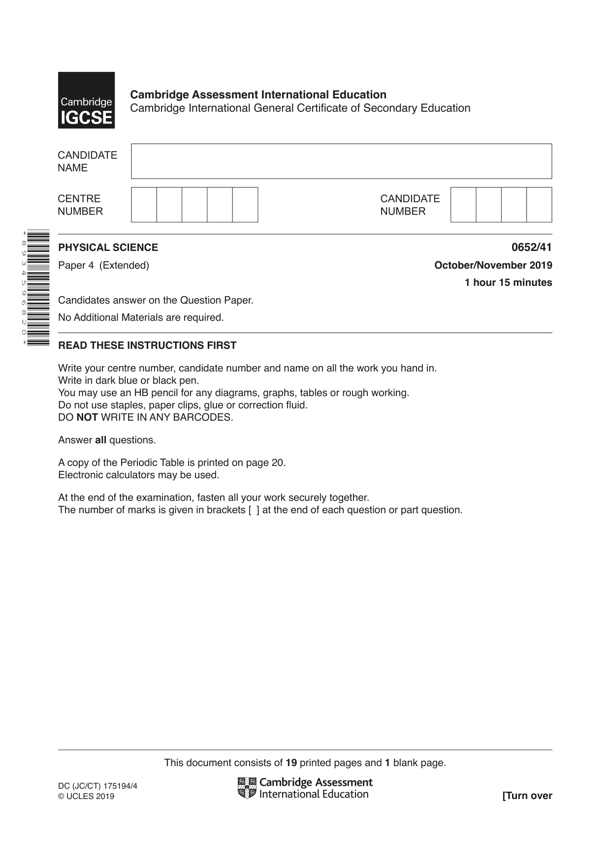 Cambridge IGCSE Physical Science 0652 2019 Oct/Nov Paper 4 · Variant 1 question paper, page 1 of 20