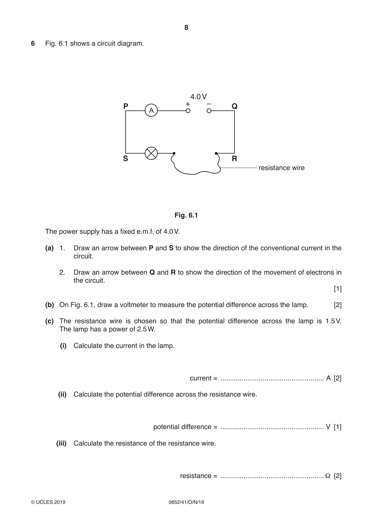 Cambridge IGCSE Physical Science 0652 2019 Oct/Nov Paper 4 · Variant 1 question paper, page 8 of 20