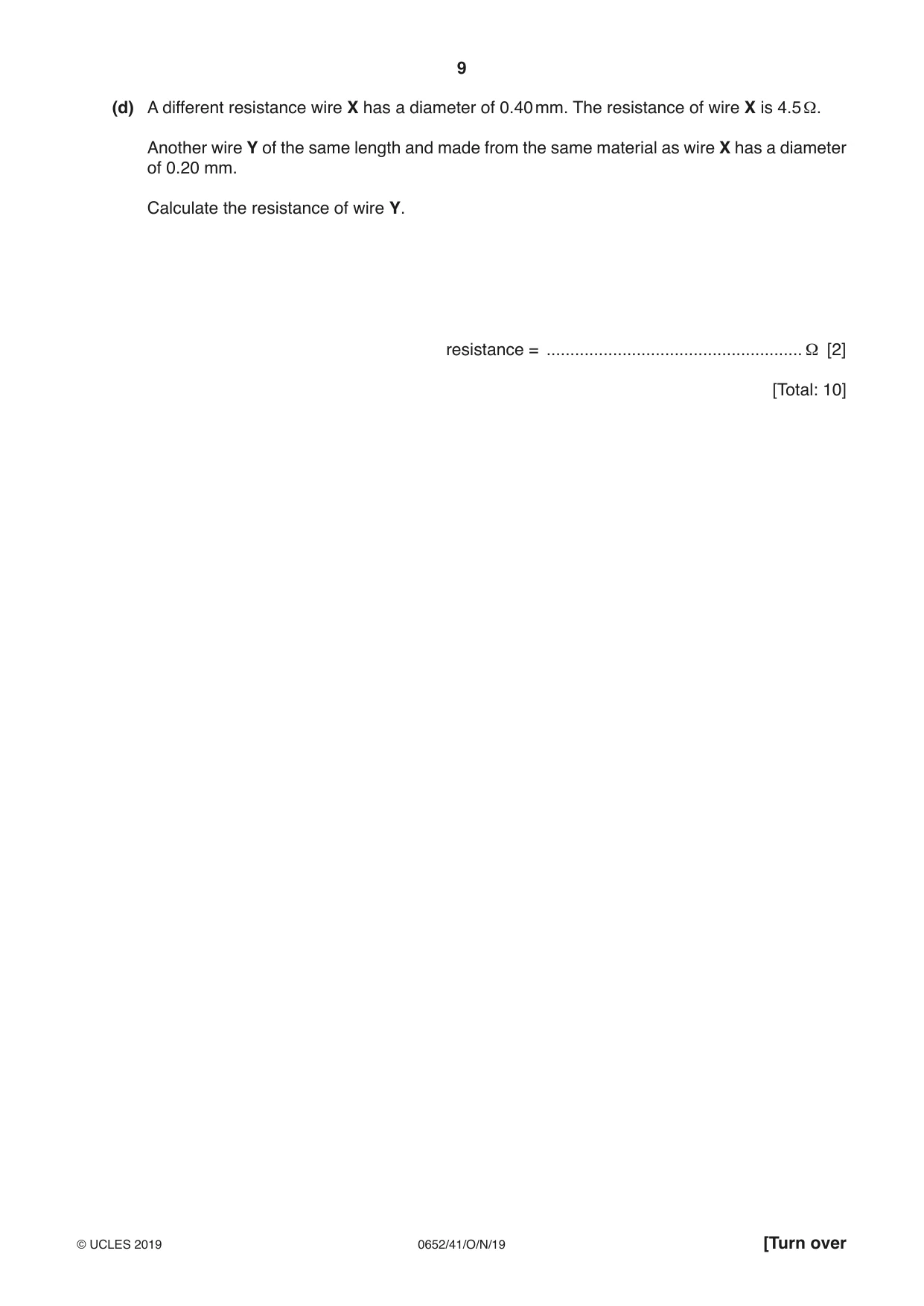 Cambridge IGCSE Physical Science 0652 2019 Oct/Nov Paper 4 · Variant 1 question paper, page 9 of 20