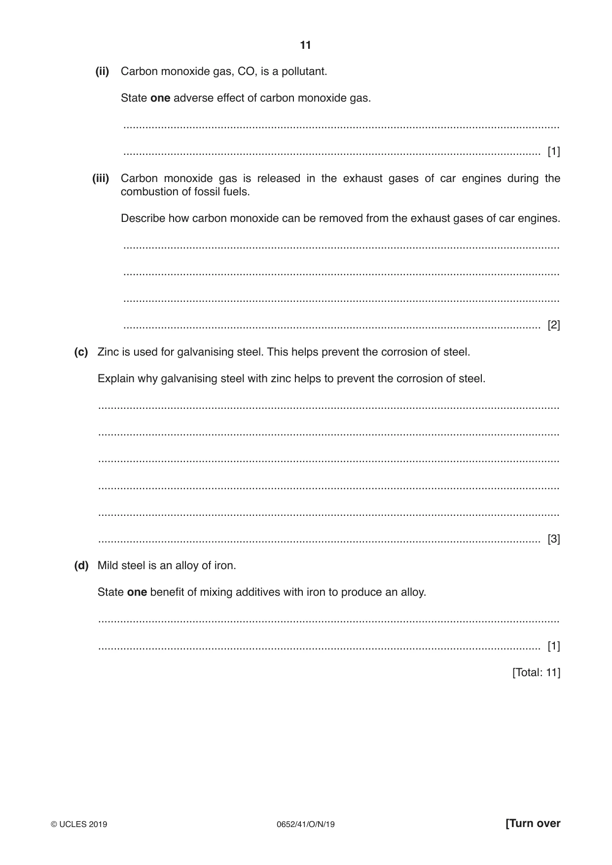 Cambridge IGCSE Physical Science 0652 2019 Oct/Nov Paper 4 · Variant 1 question paper, page 11 of 20