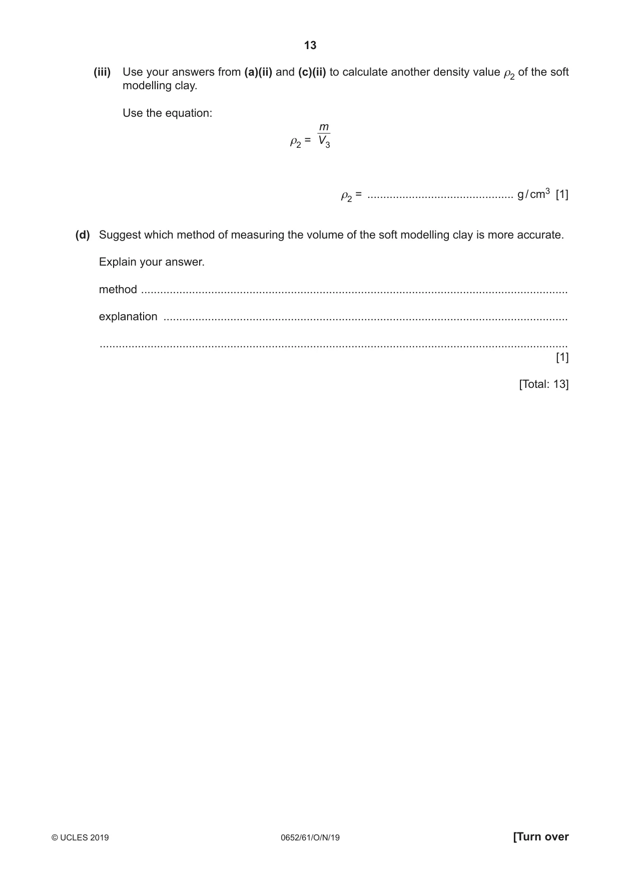 Cambridge IGCSE Physical Science 0652 2019 Oct/Nov Paper 6 · Variant 1 question paper, page 13 of 16