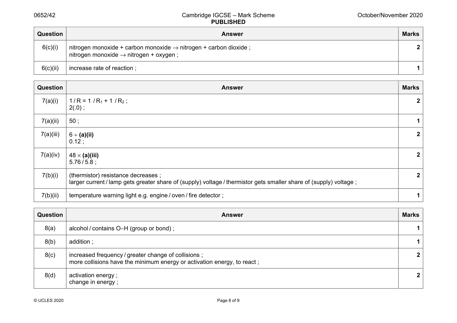 Mark scheme, page 8 of 9