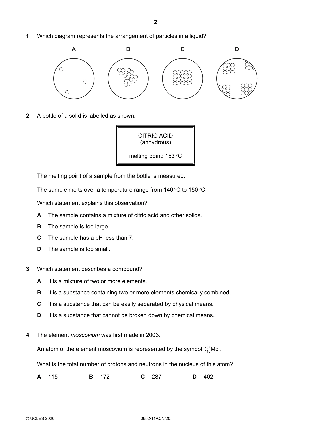 Cambridge IGCSE Physical Science 0652 2020 Oct/Nov Paper 1 · Variant 1 question paper, page 2 of 16