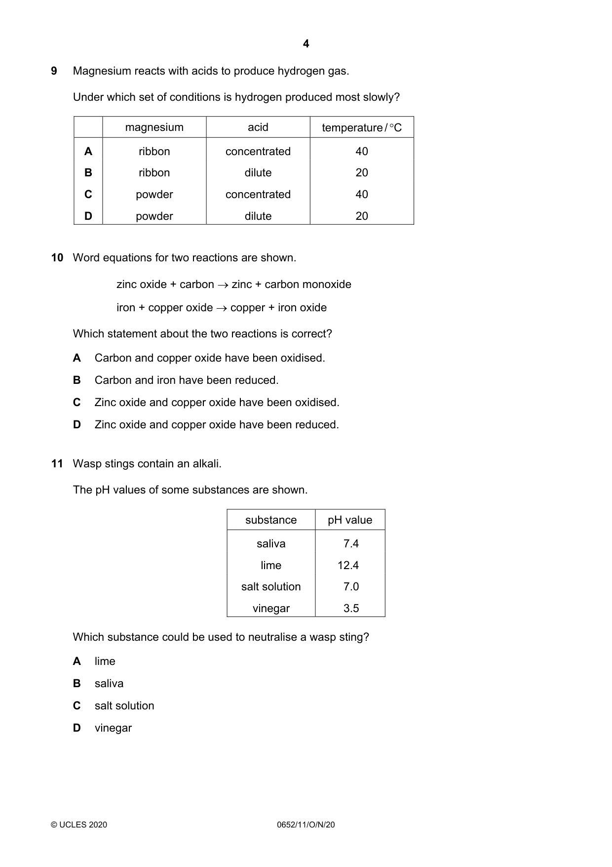 Cambridge IGCSE Physical Science 0652 2020 Oct/Nov Paper 1 · Variant 1 question paper, page 4 of 16