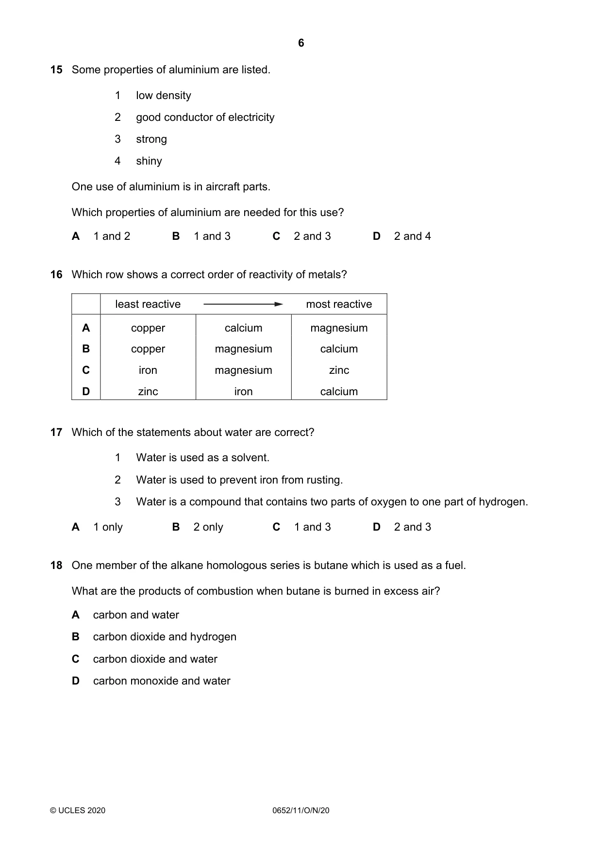 Cambridge IGCSE Physical Science 0652 2020 Oct/Nov Paper 1 · Variant 1 question paper, page 6 of 16